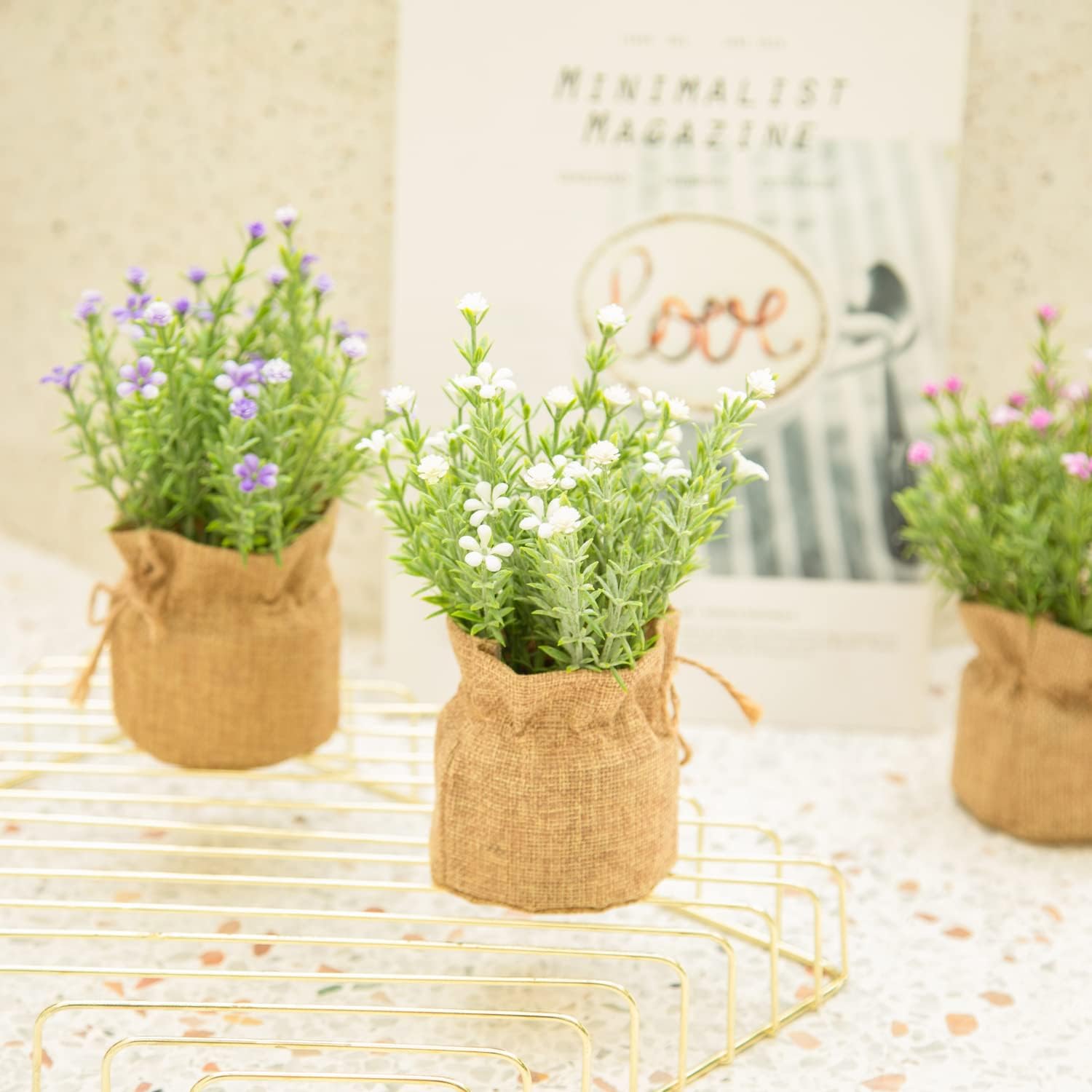 Babys Breath Artificial Flowers in Small Burlap Bag Vases -Gypsophila / White/purple/pink / Set of 3