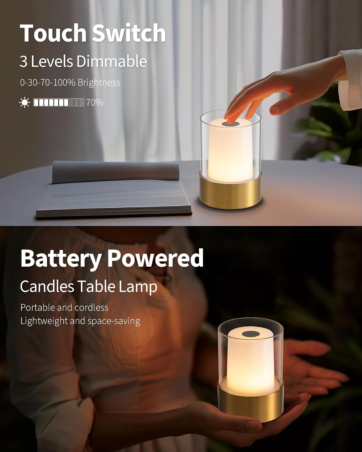 4" Bronze Cordless Table Lamp Set of 2, Outdoor Rechargeable Lamp | LED, Battery Operated, Portable, Touch Night Light