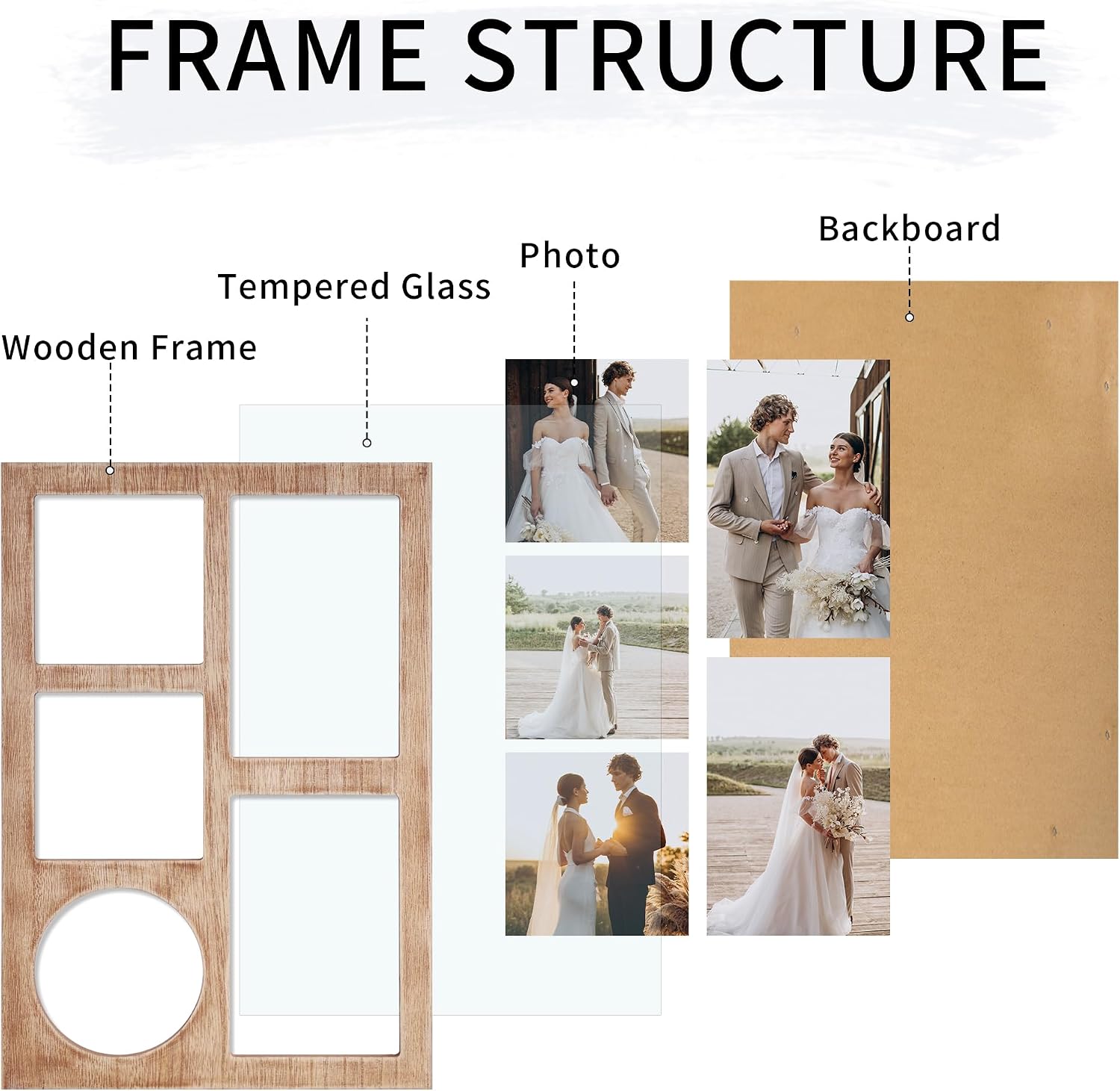 YESKAY 4x6 and 4x4 Collage Picture Frame, Display 5 Openings Photo Frames, Rustic Brown Wood Frame with Real Glass
