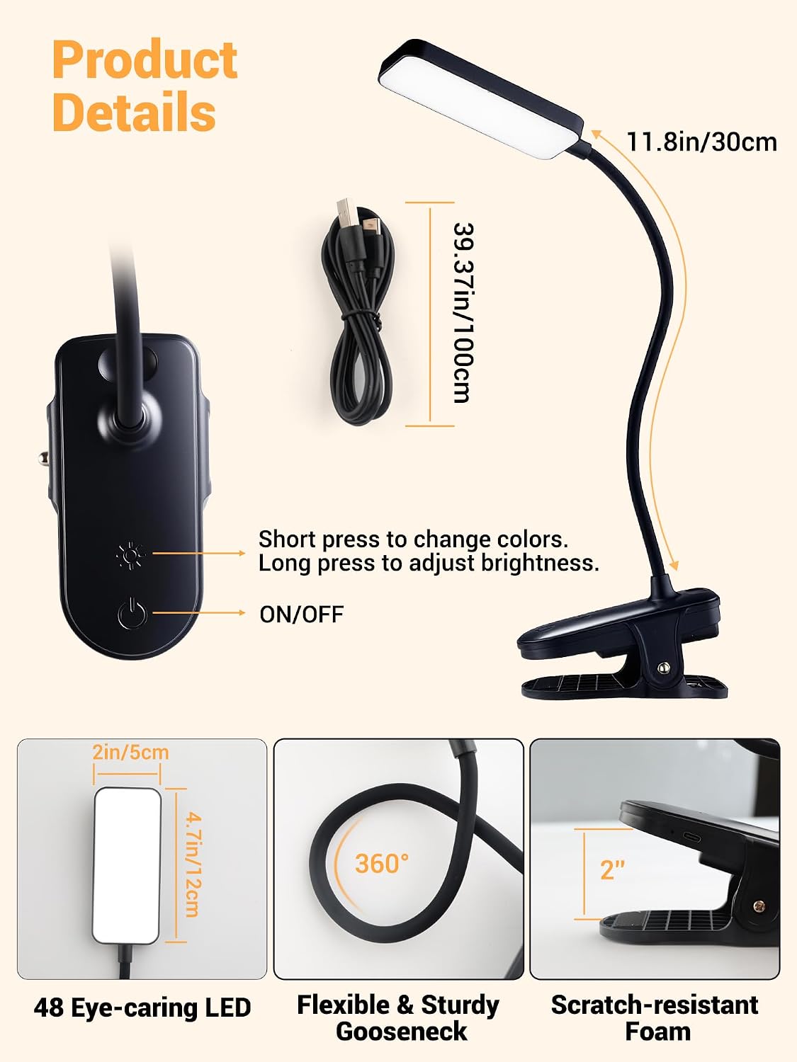 Clip on Light,9 Brightness+5 Color Rechargeable Lamp,48 LED Small Desk Lamp | 4000mAh Battery Powered Lamp,450 Lumen