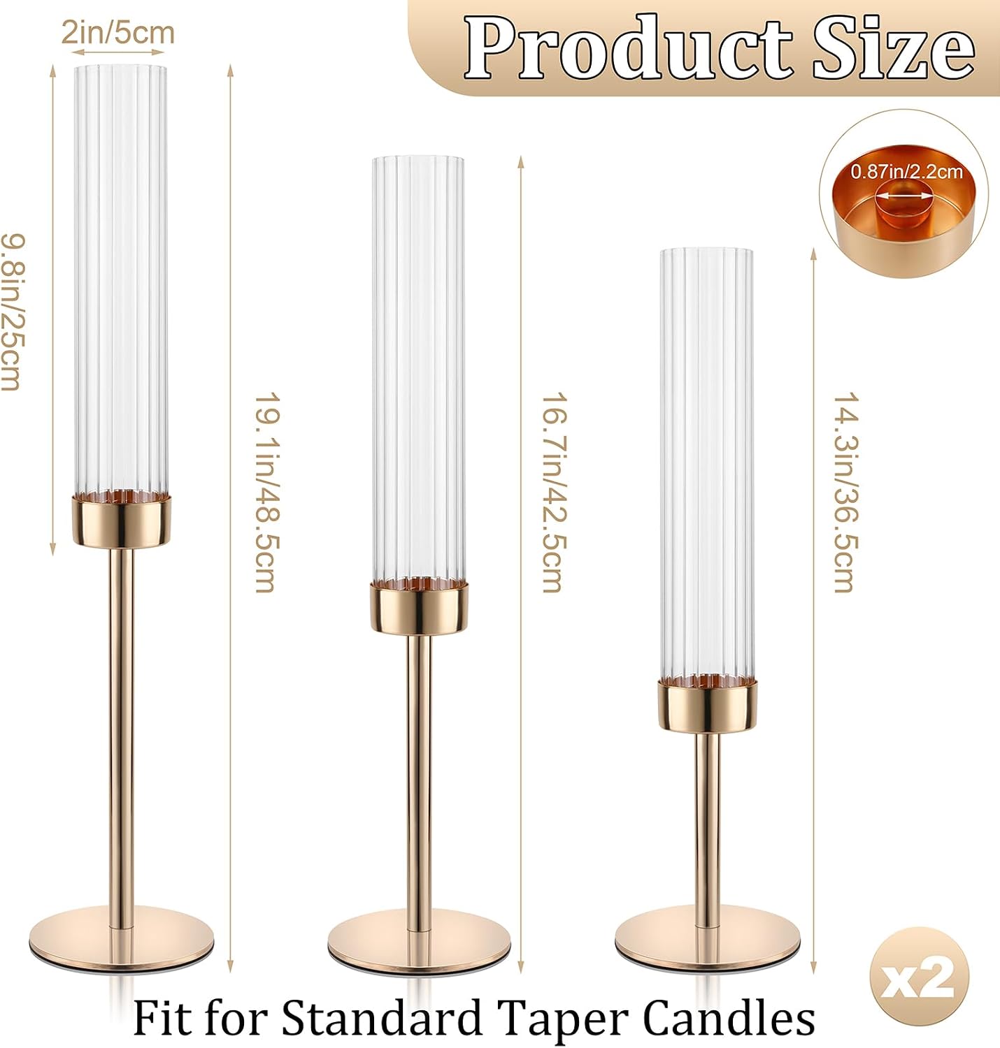 Gold Hurricane Candle Holders, Set of 6 Glass Taper Candlestick Holders Metal Candle Stands Bulk with Ribbed Glass