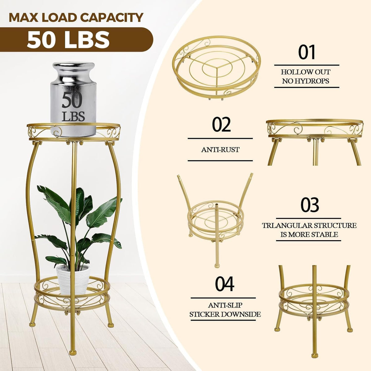 Kavlium Plant Stand Indoor Outdoor, Tall Metal, 2 Tier 27.1 Inch, Gold | Rustproof Metal, Stable 3-Leg Base, Heavy Duty