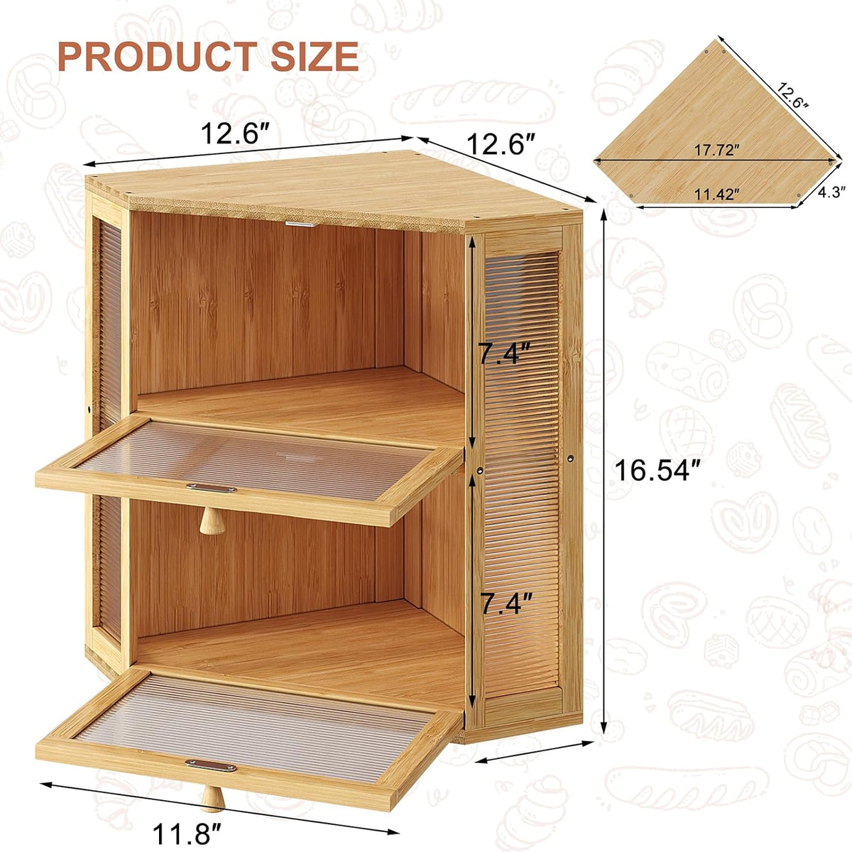 WOWLIVE Double Layer Corner Bread Box for Kitchen Countertop with 2 Doors | Bamboo Bread Storage Container, Large