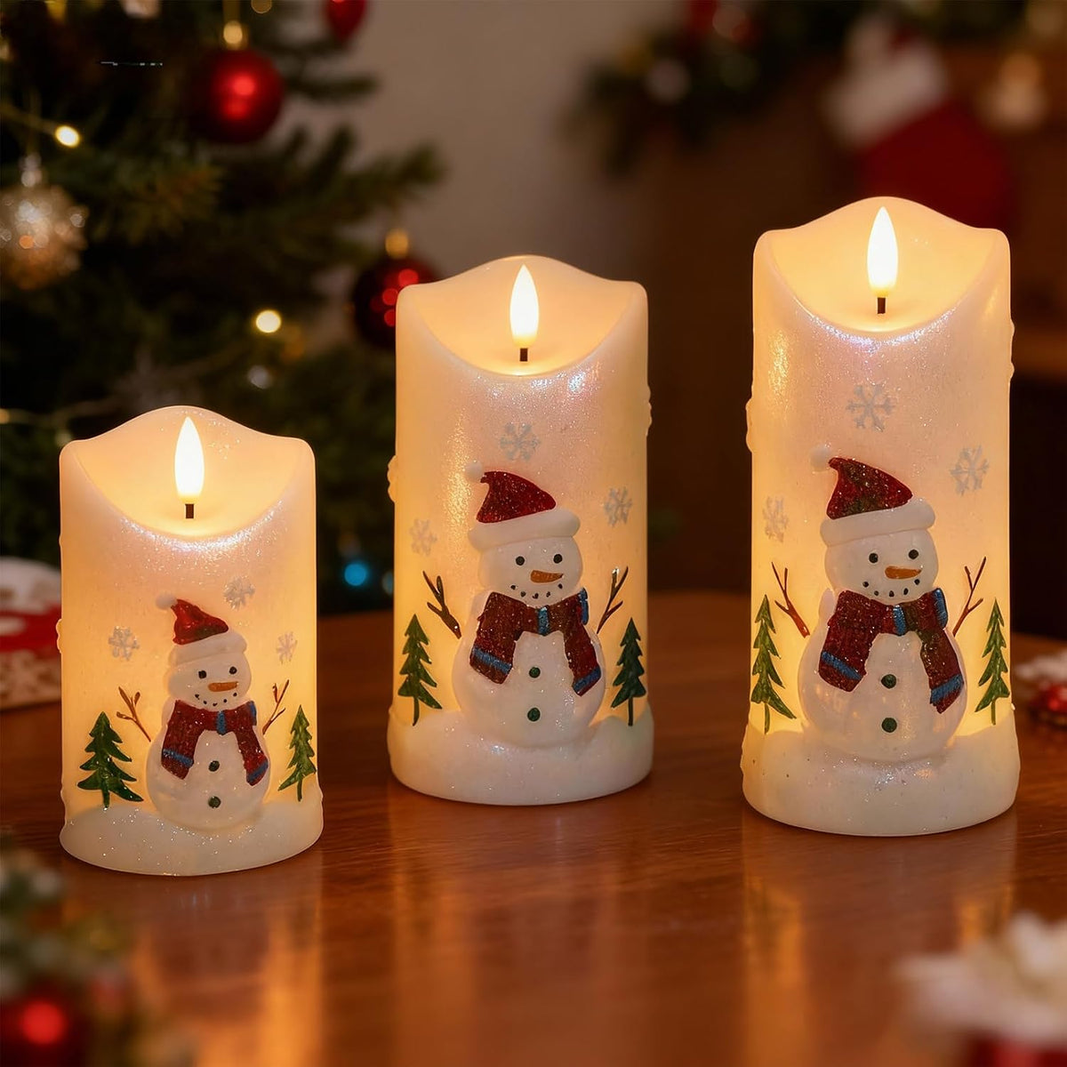Snowman Carved Flameless Candle Battery Operated with Remote Timer | LED Flickering Pillar Long Lasting, Real Wax Hand