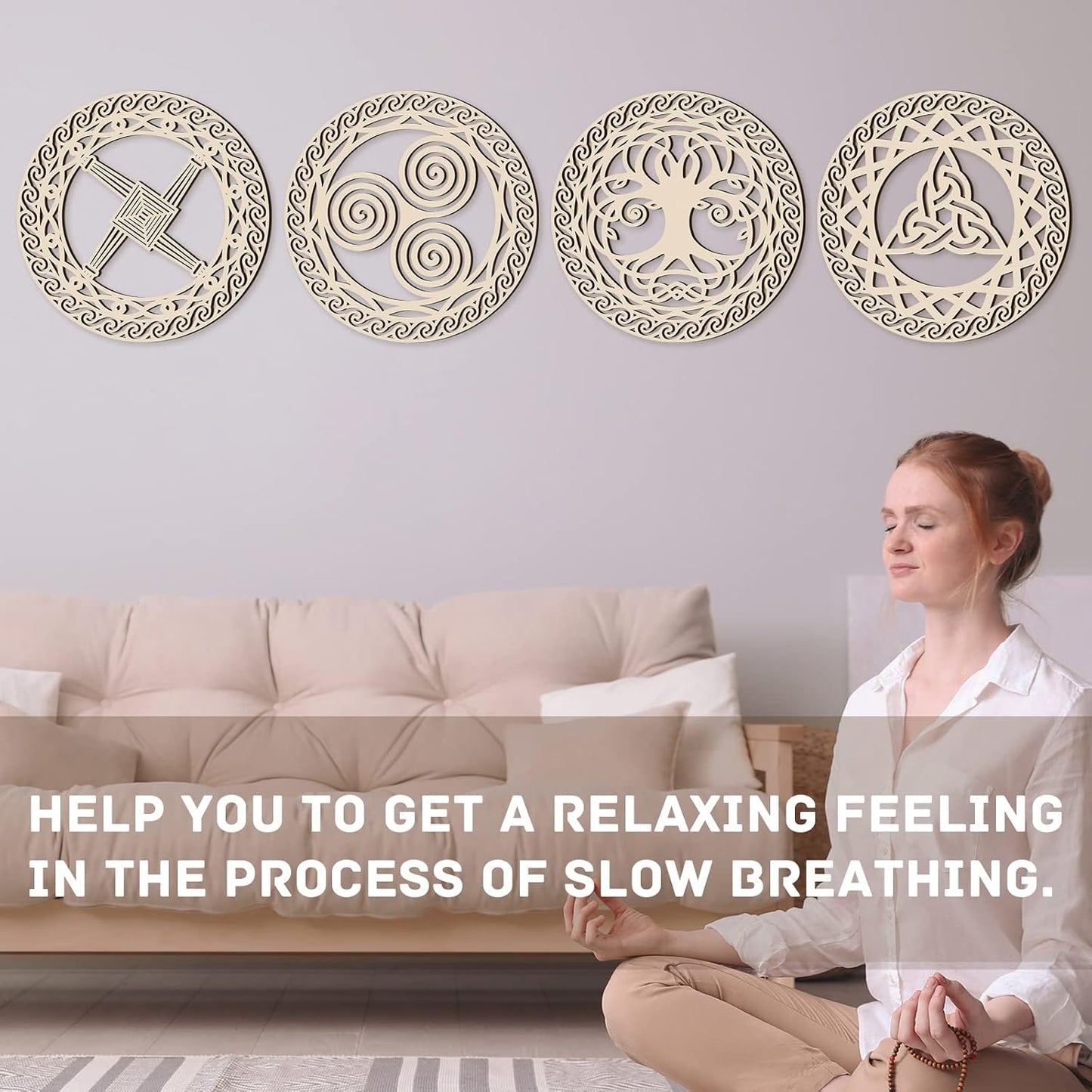 Celtic Symbol Wall Decor Celtic Cross Knot Triple Spiral Symbol Wood Sign / Wood Color / Set of 4