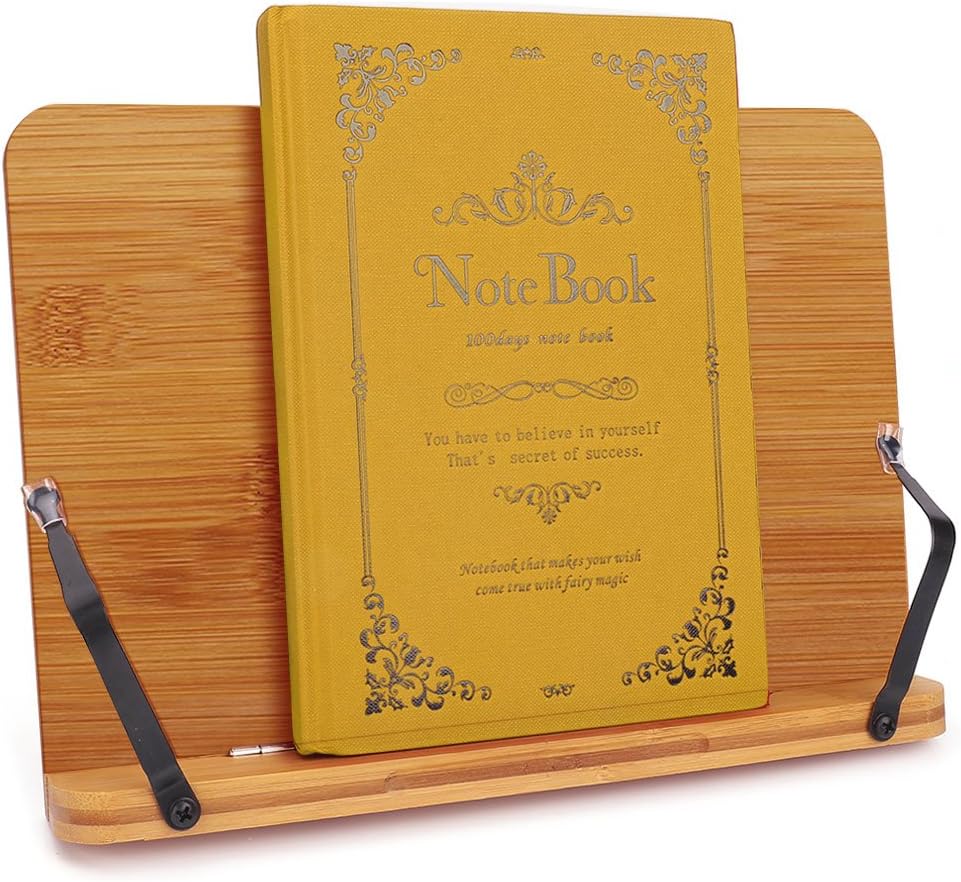 wishacc Bamboo Book Stand, Adjustable Book Holder Tray and Page Paper Clips-Cookbook Reading Desk Portable Stable