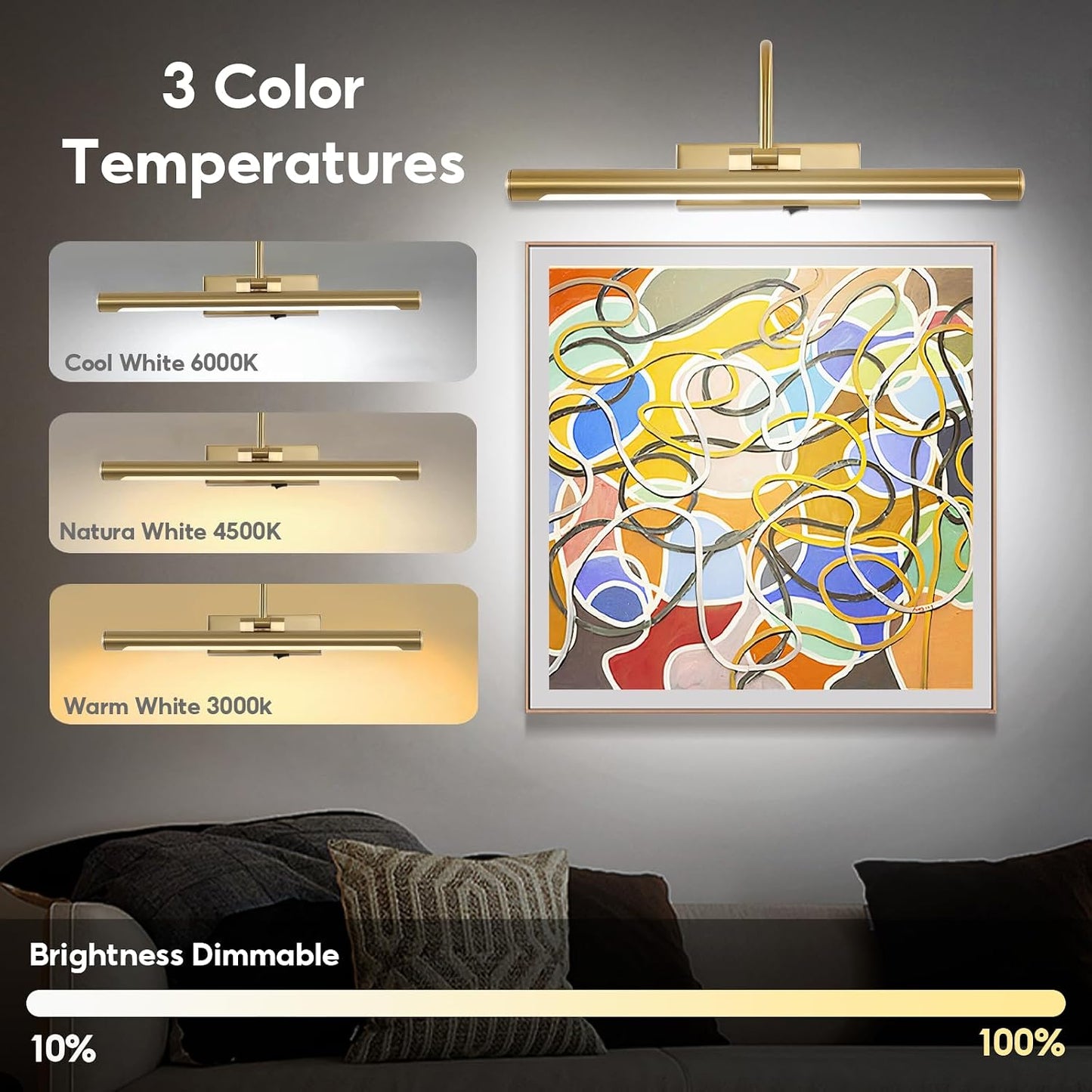 24" Wireless Battery Operated Picture Light for Wall Brass Gold Rechargeable Wall Light with Remote and Timer 9000mAh