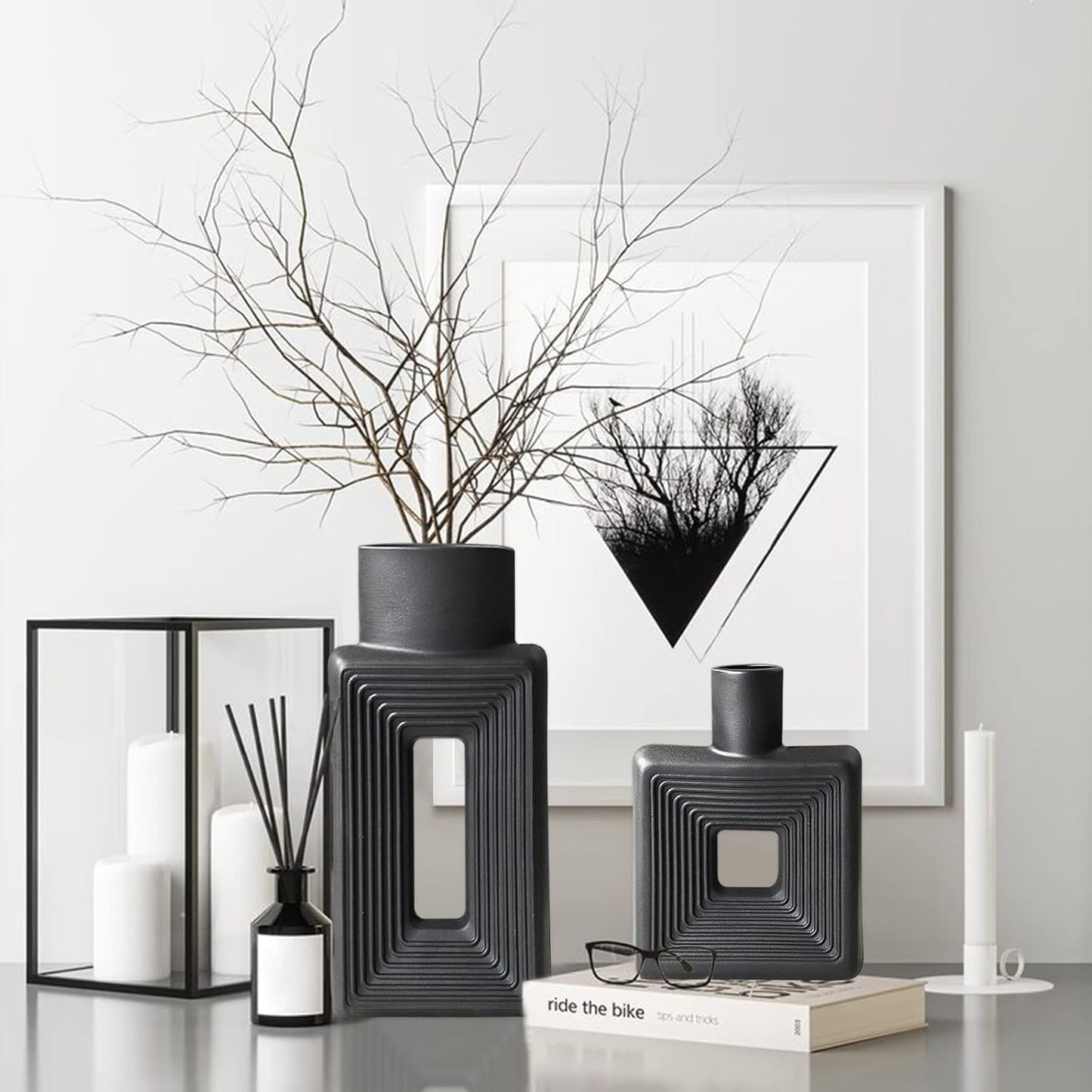 Black Ceramic Vase / Square Black / Set of 2