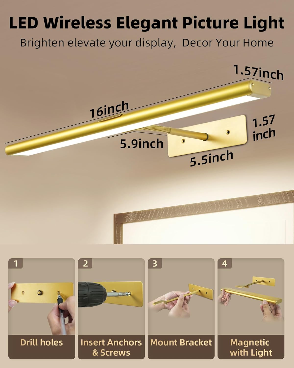 EZVALO Picture Light for Wall, 4800mAh Rechargeable Wireless Gold Light with IR Remote, Dimmable Magnetic LED Art