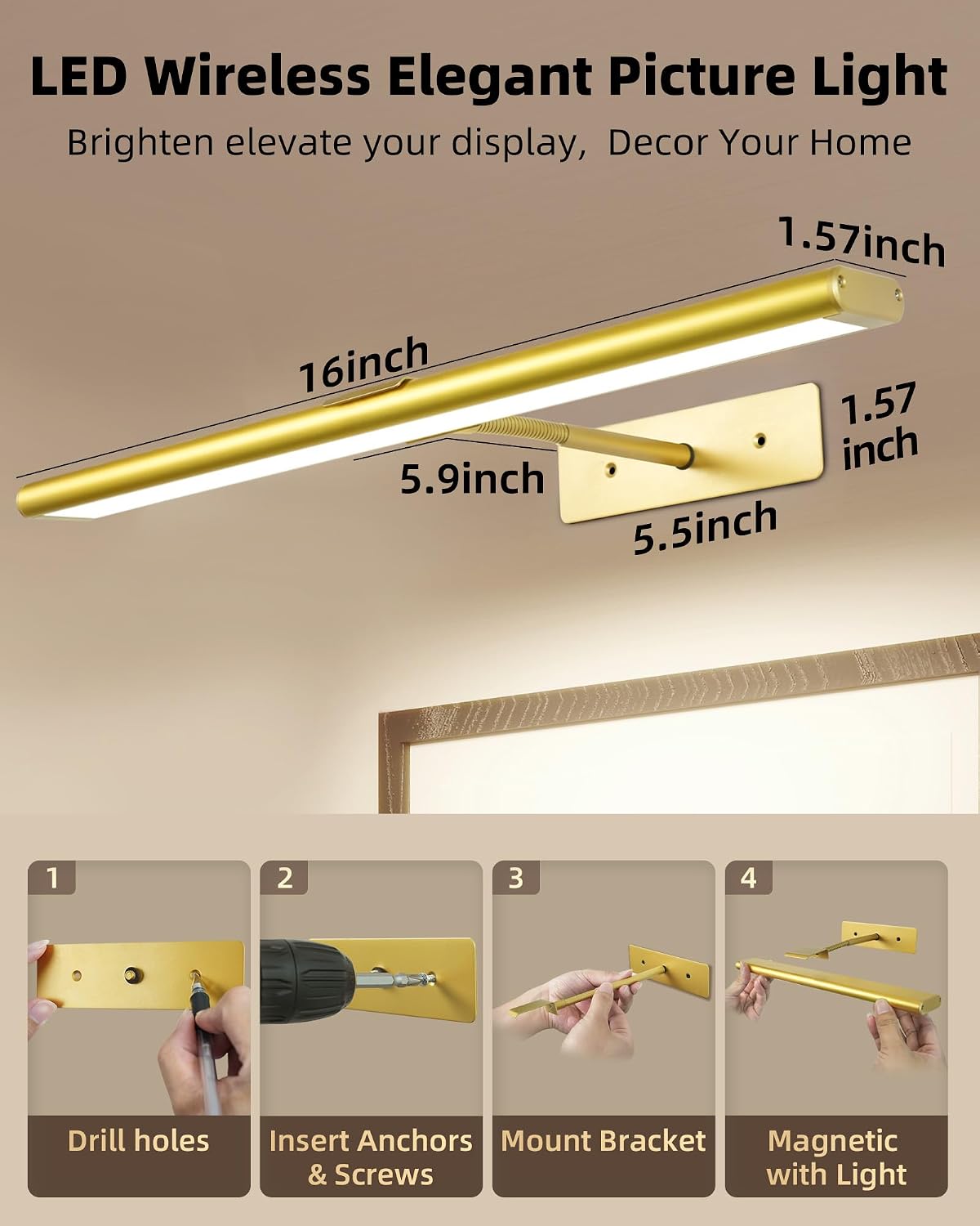 EZVALO Picture Light for Wall, 4800mAh Rechargeable Wireless Lights, 16'' IR Remote Ccontrol Dimmable Magnetic LED Art