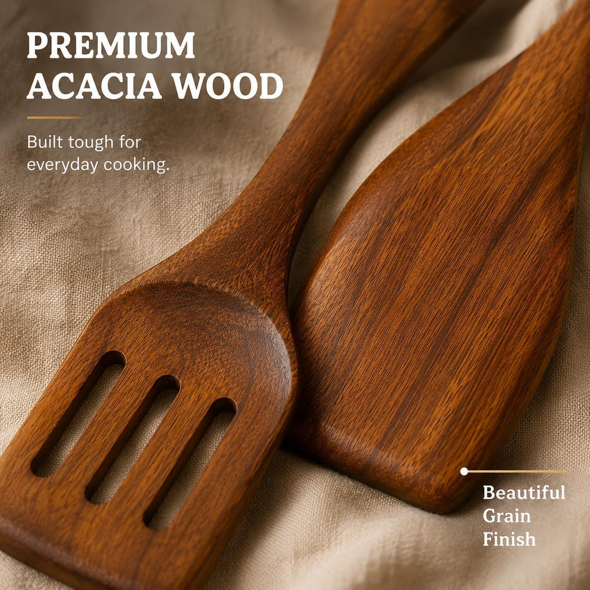 Berenti Wooden Utensil Set, 7 Piece Acacia Wood Cooking Utensils | Wooden spoon, spatula, turner, ladle, skimmer and