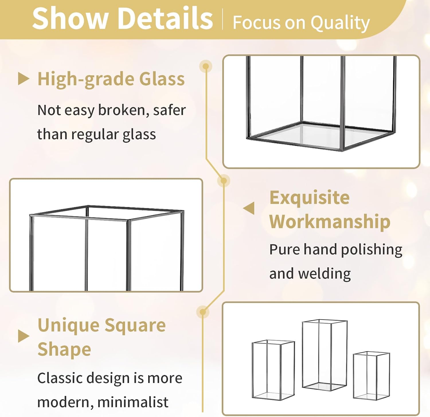 Nuptio Glass Hurricane Candle Holder for Pillar Candles 3 Pcs Black Metal Candle Holders Large Rectangular Candleholder