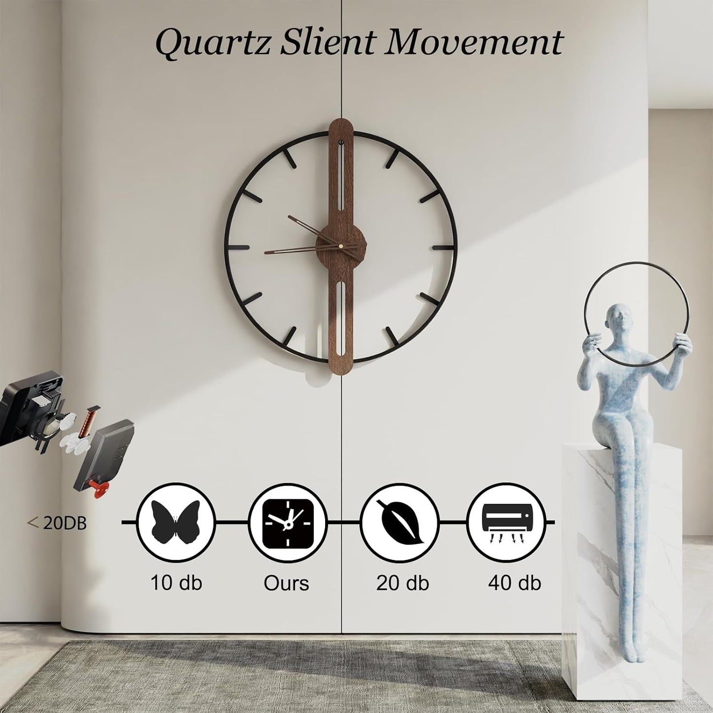 Modern Walnut Dial Wall Clock, Wood Large Wall Clock Decor Metal Frame Silent Non Ticking for Living Room, Bedroom
