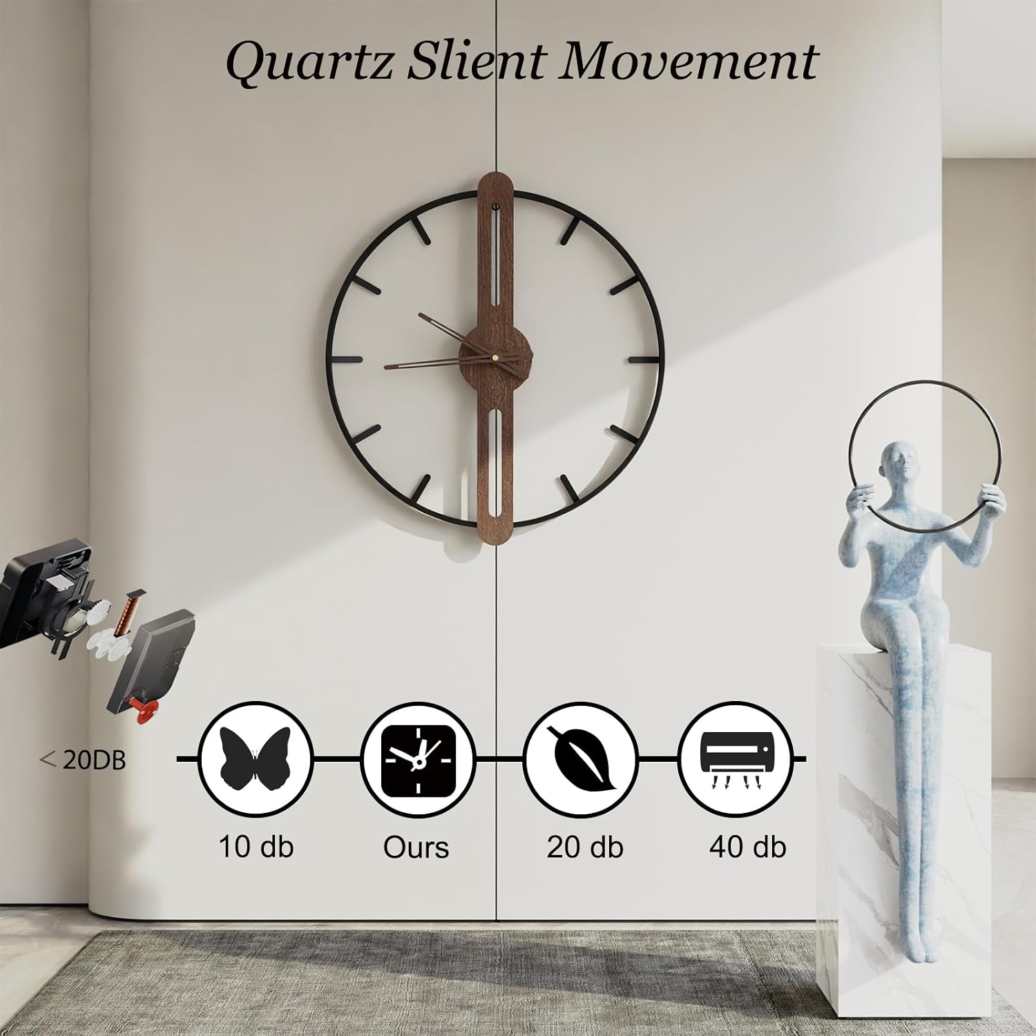 Modern Walnut Dial Wall Clock, Wood Large Wall Clock Decor Metal Frame Silent Non Ticking for Living Room, Bedroom