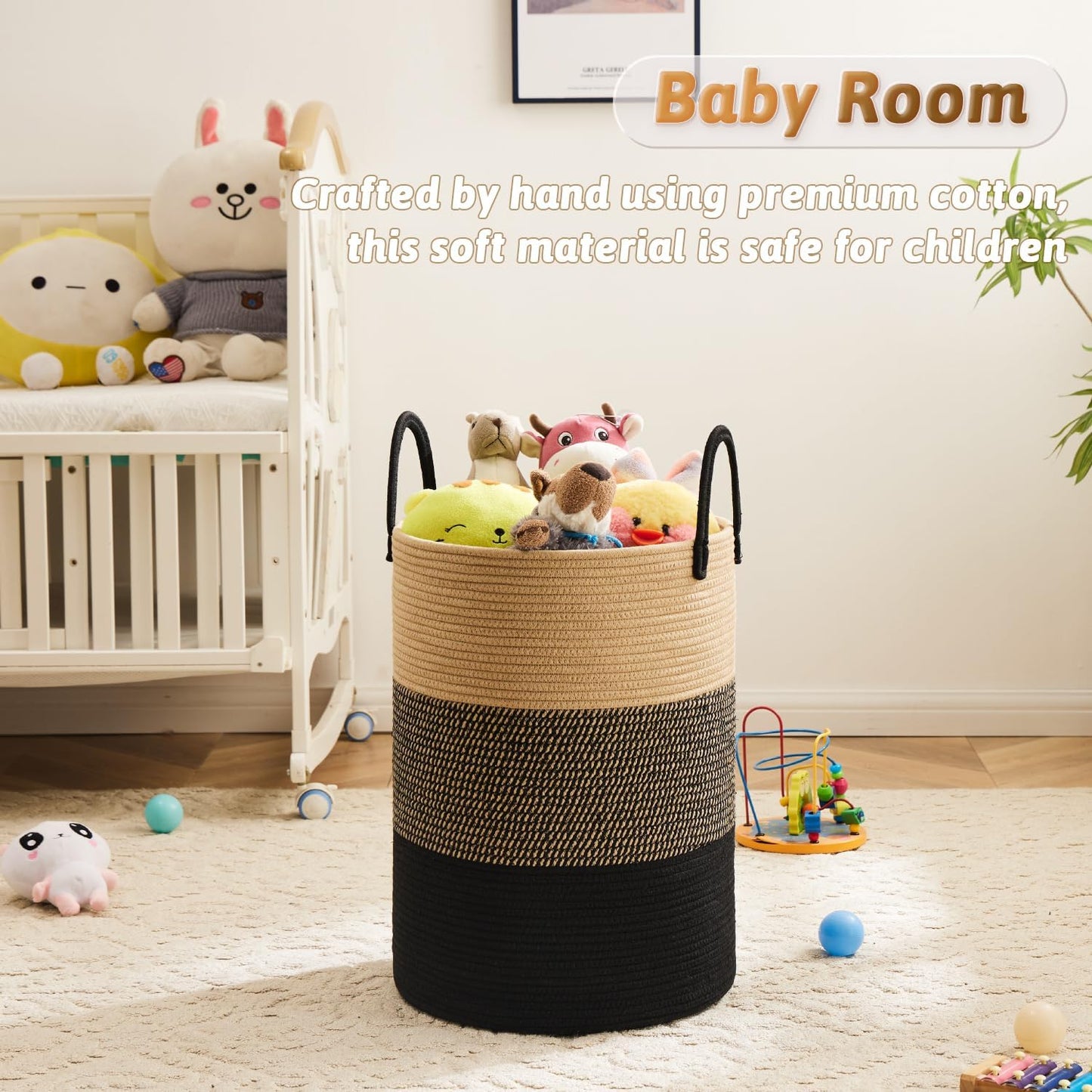 Laundry Basket / Woven Cotton Rope Laundry Hamper / Black & Brown / 60L