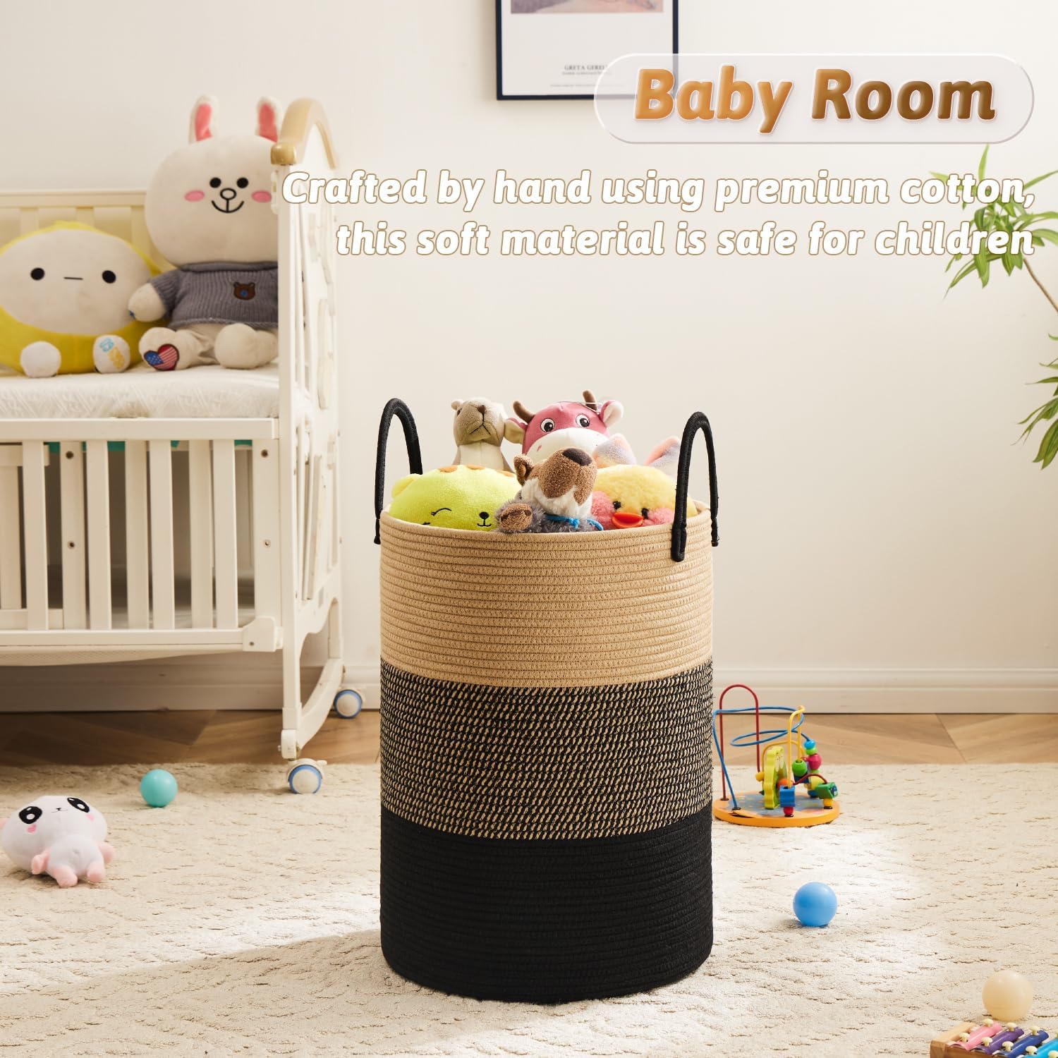 Laundry Basket / Woven Cotton Rope Laundry Hamper / Black & Brown / 60L