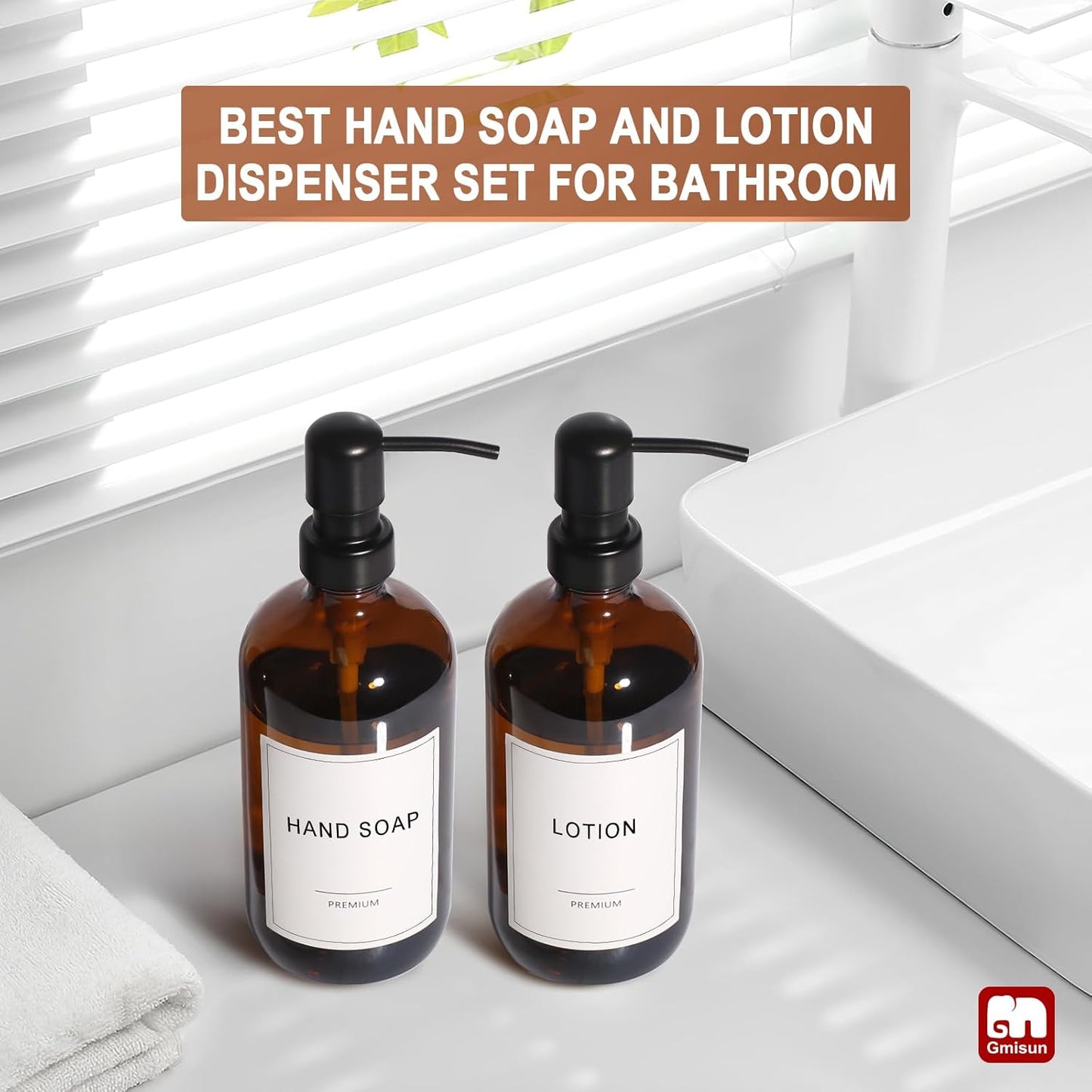GMISUN Amber Glass Soap Dispenser, 4 Pack Bathroom Hand Soap Dispensers with Stainless Steel Pump, 17 Fl Oz Kitchen