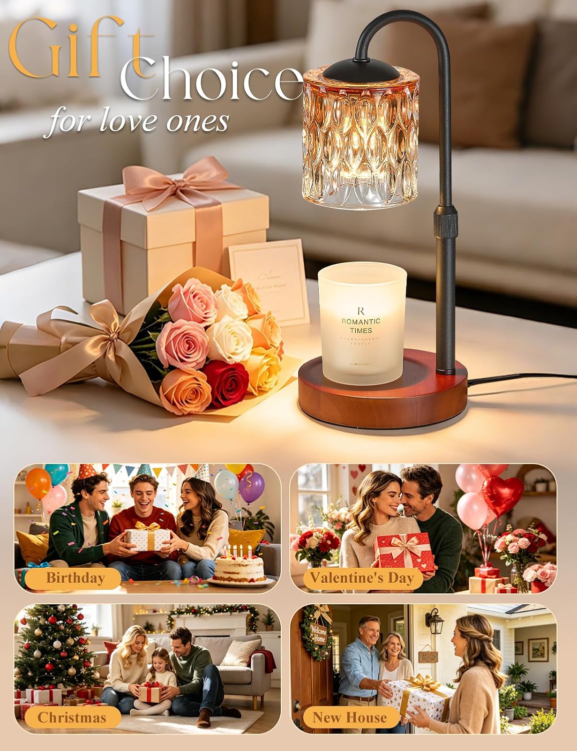 Dimmable Candle Warmer Lamp with Timer, Height Adjustable Electric Candle Wax Warmer, Birthday Gifts for Women Mom