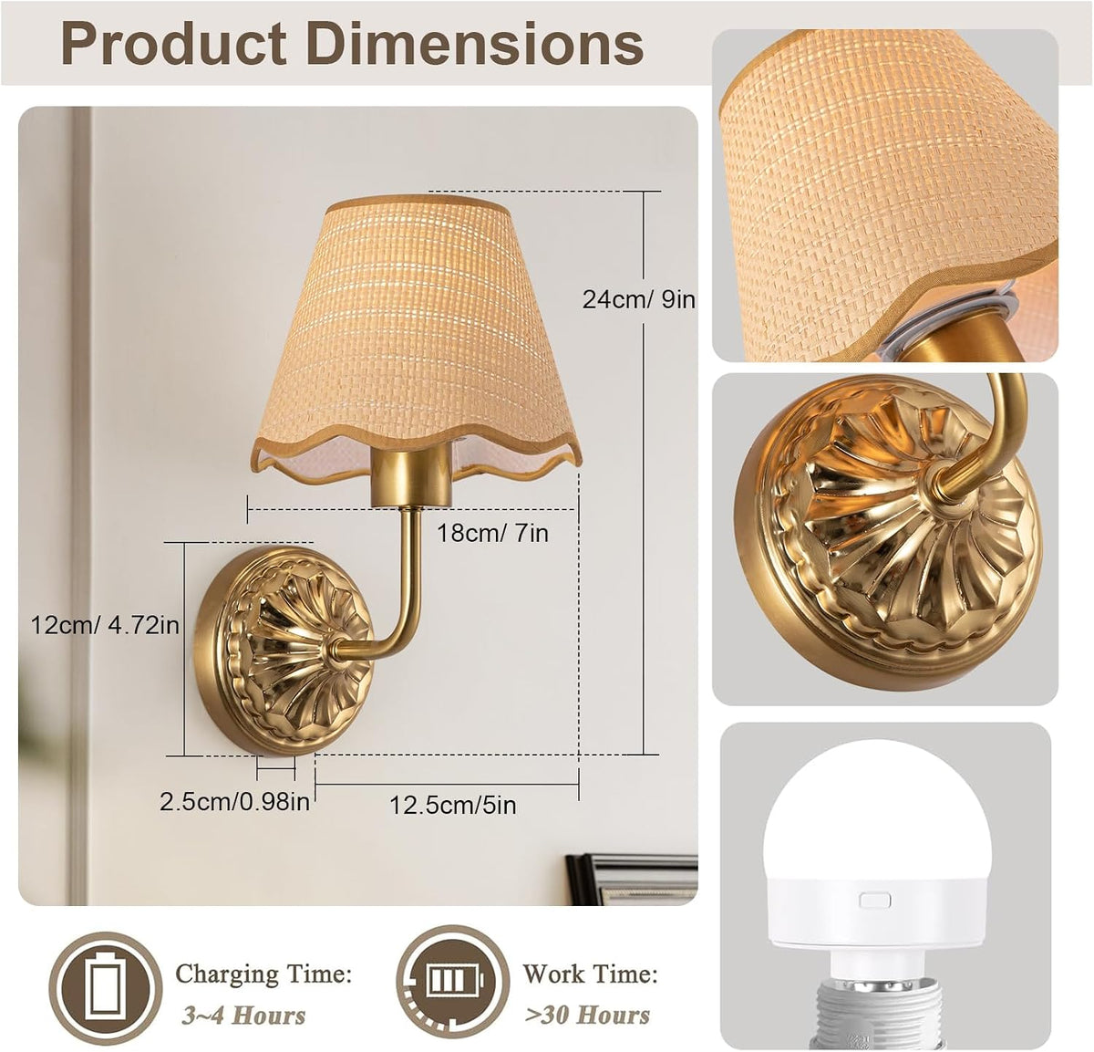 ADISUN Battery Operated Wall Sconce Set of 2, Gold Wall Lamps for Living Room, Rattan Shade, Vintage Base Dimmable
