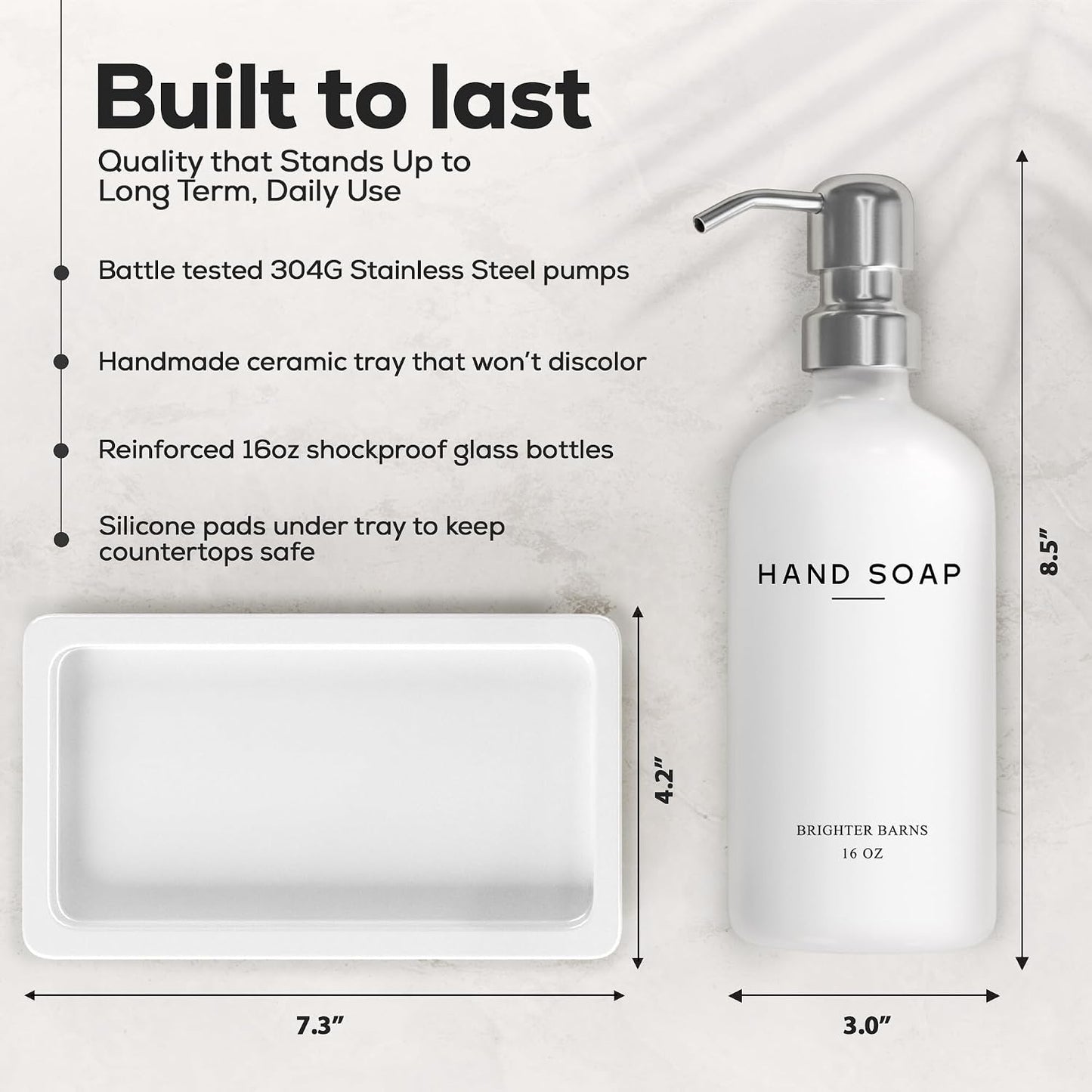 White Glass Soap and Lotion Dispenser Set by Brighter Barns - Bathroom Soap Dispenser Set Tray - Liquid Hand Soap
