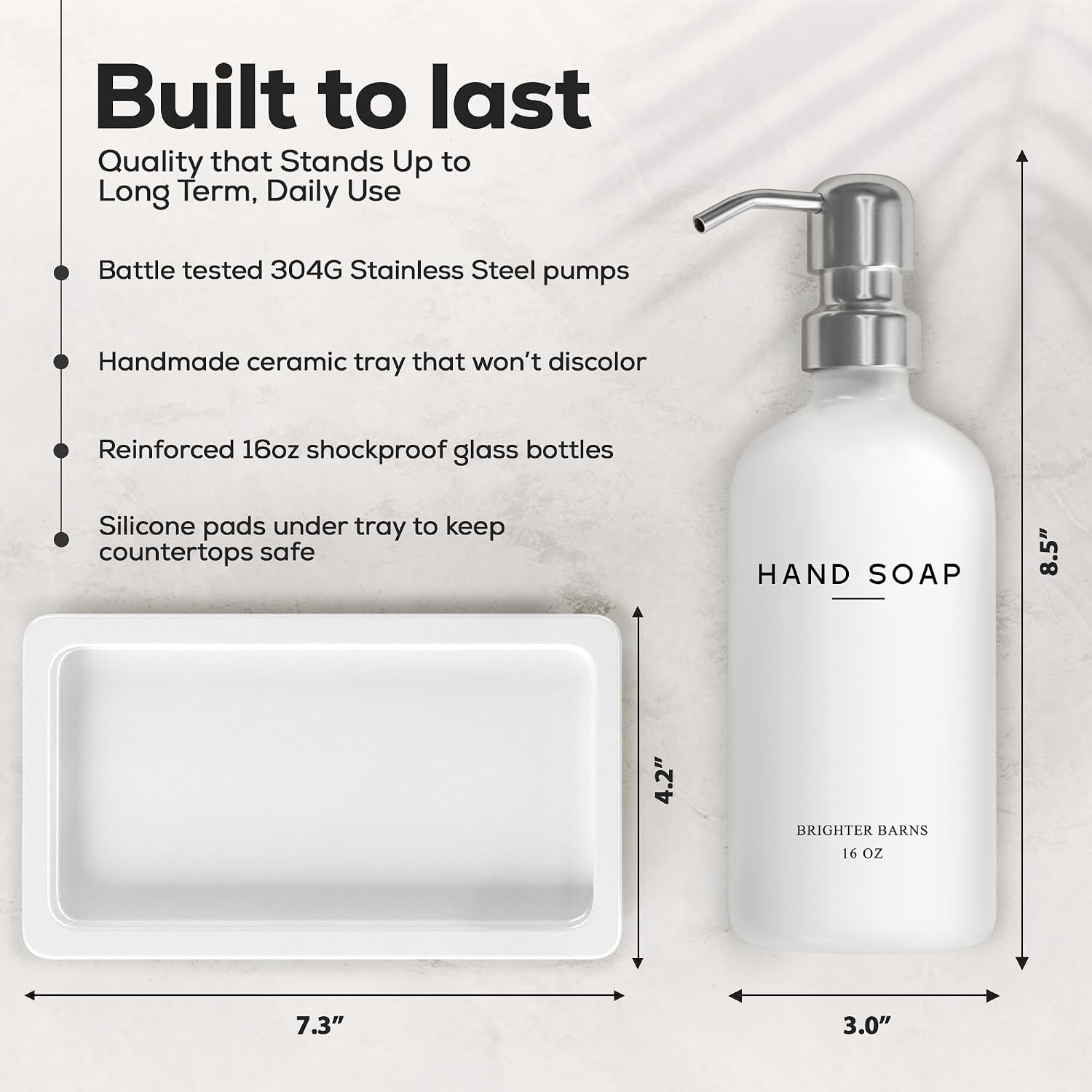 White Glass Soap and Lotion Dispenser Set by Brighter Barns - Bathroom Soap Dispenser Set Tray - Liquid Hand Soap