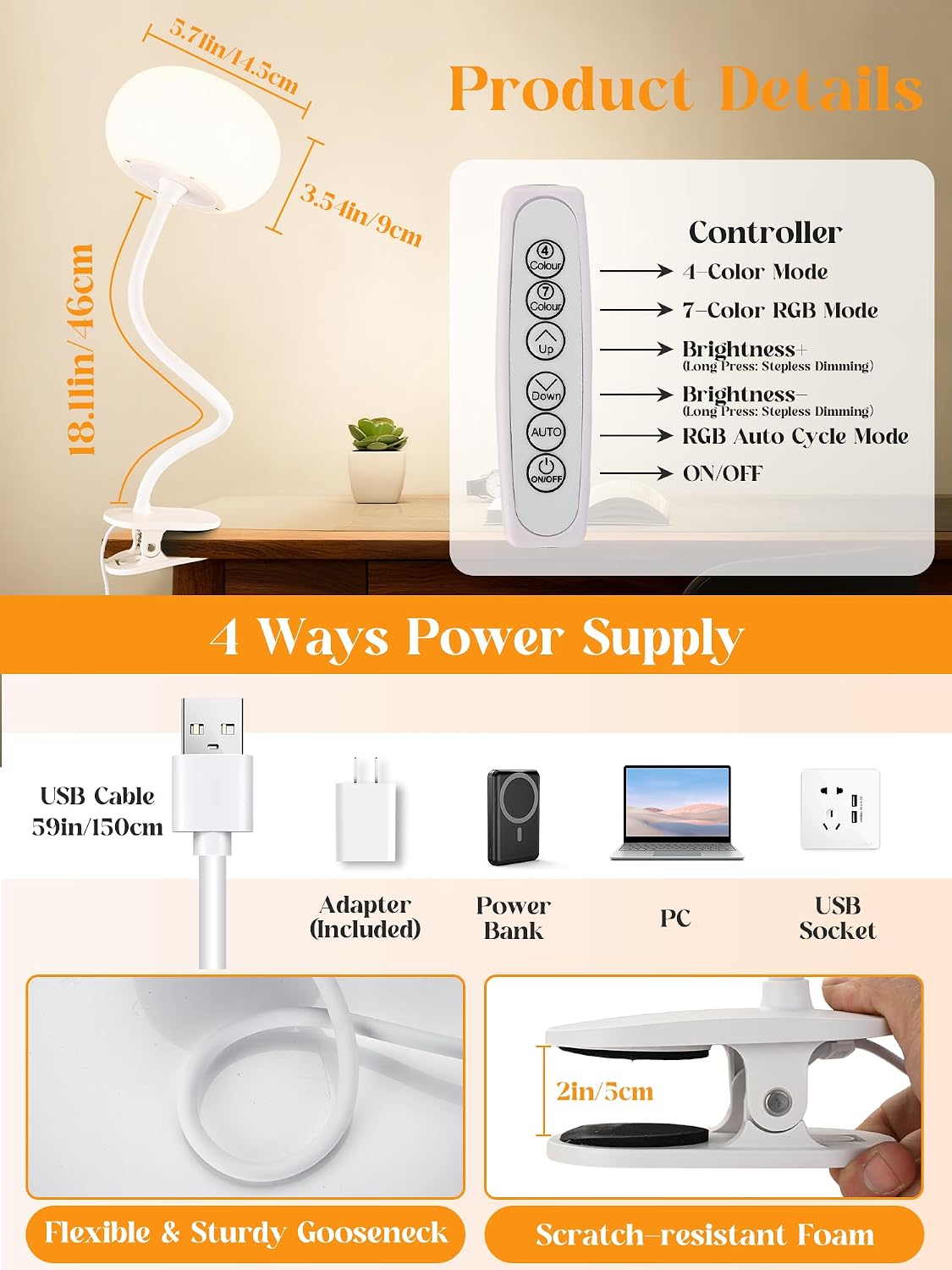 Clip on Lamp, 10 RGB Colors+10 Brightness Clip on Desk Lamp for Dorm Lamp | 800 lm Bright Clip on Light, USB Adapter