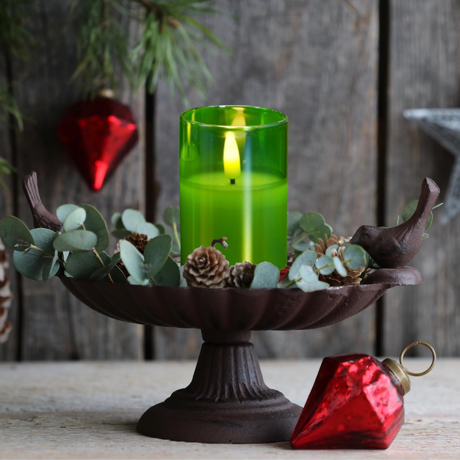 Green Glass LED Pillar Candles with Remote Batteries Set of 5 | Flickering Slim Tall LED Candles, Fireplace Home Table