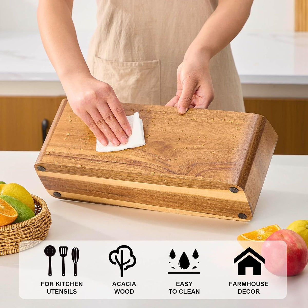 Wooden Utensil Holder for Kitchen Counter, Acacia Wood Kitchen Utensil Holder for Countertop with 4 Compartment