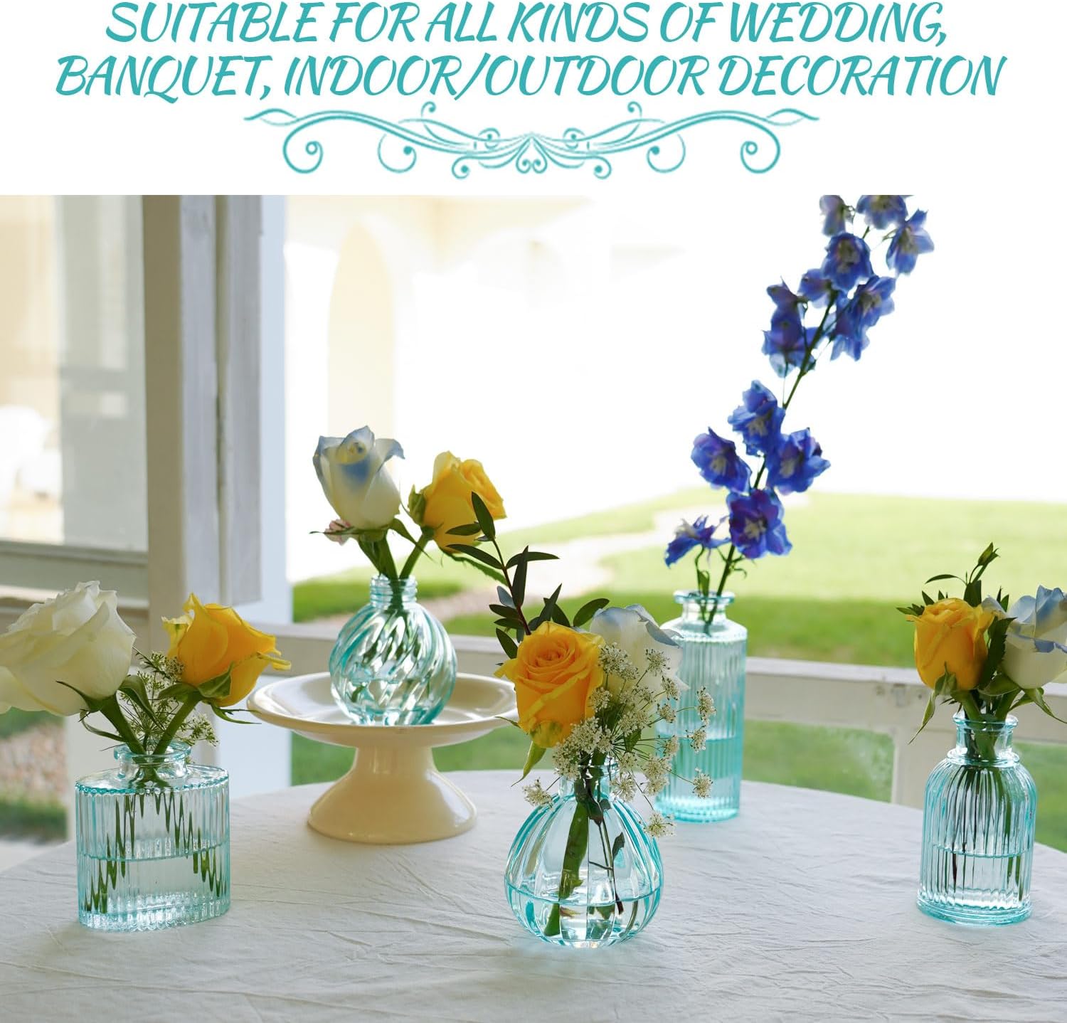 Glass Vase / Modern Ribbed Glass Bud Vase Wedding Flower Vase / Blue / 2 Packs