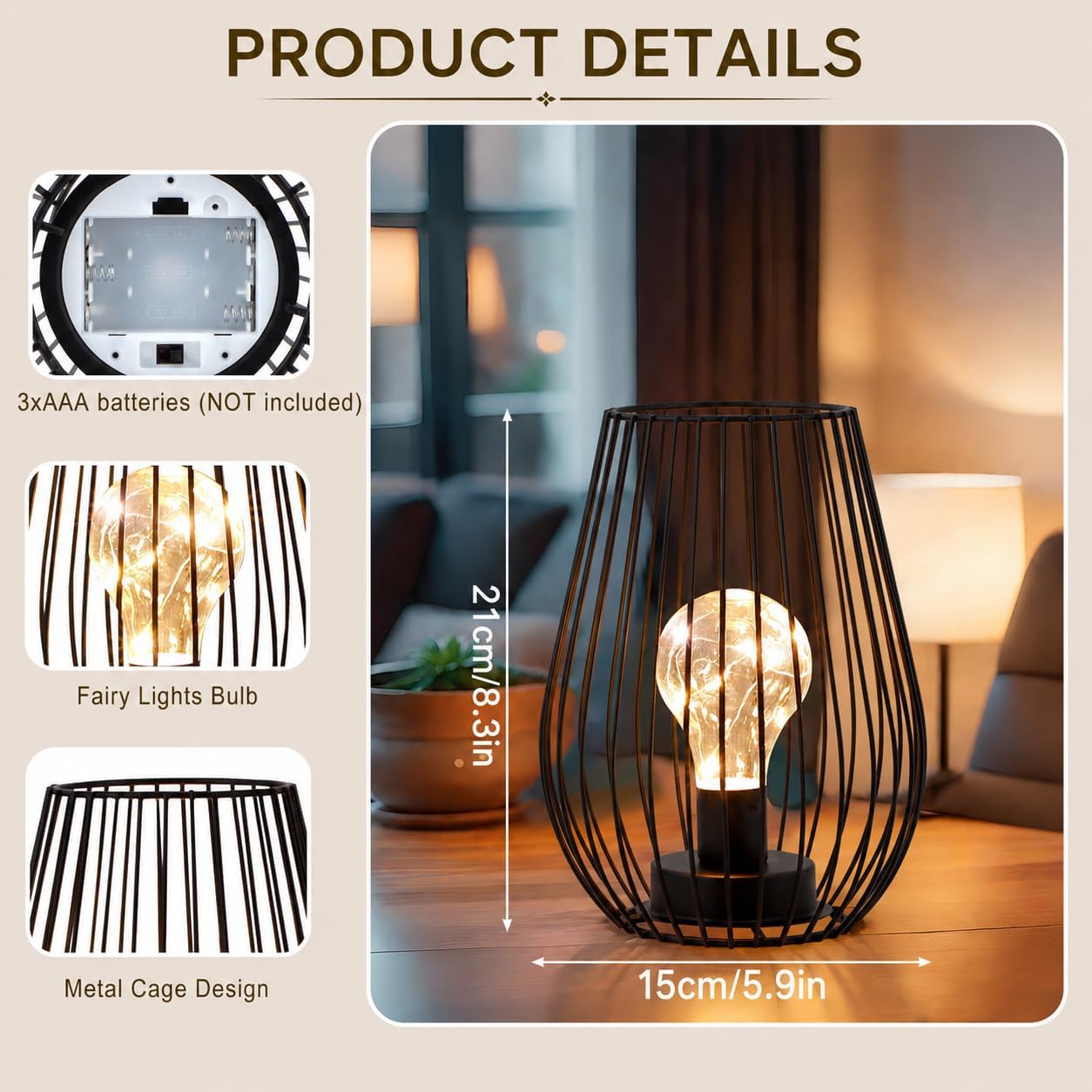 TRIROCKS Metal Cordless Table Lamp - 8'' Tall Set of 2 Cage Shape Battery Operated Lamp with Fairy Lights Bulb for