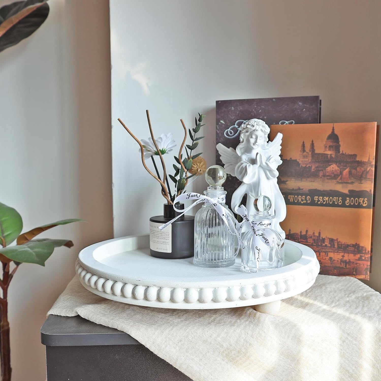 Round Wooden Tray for Decor / White