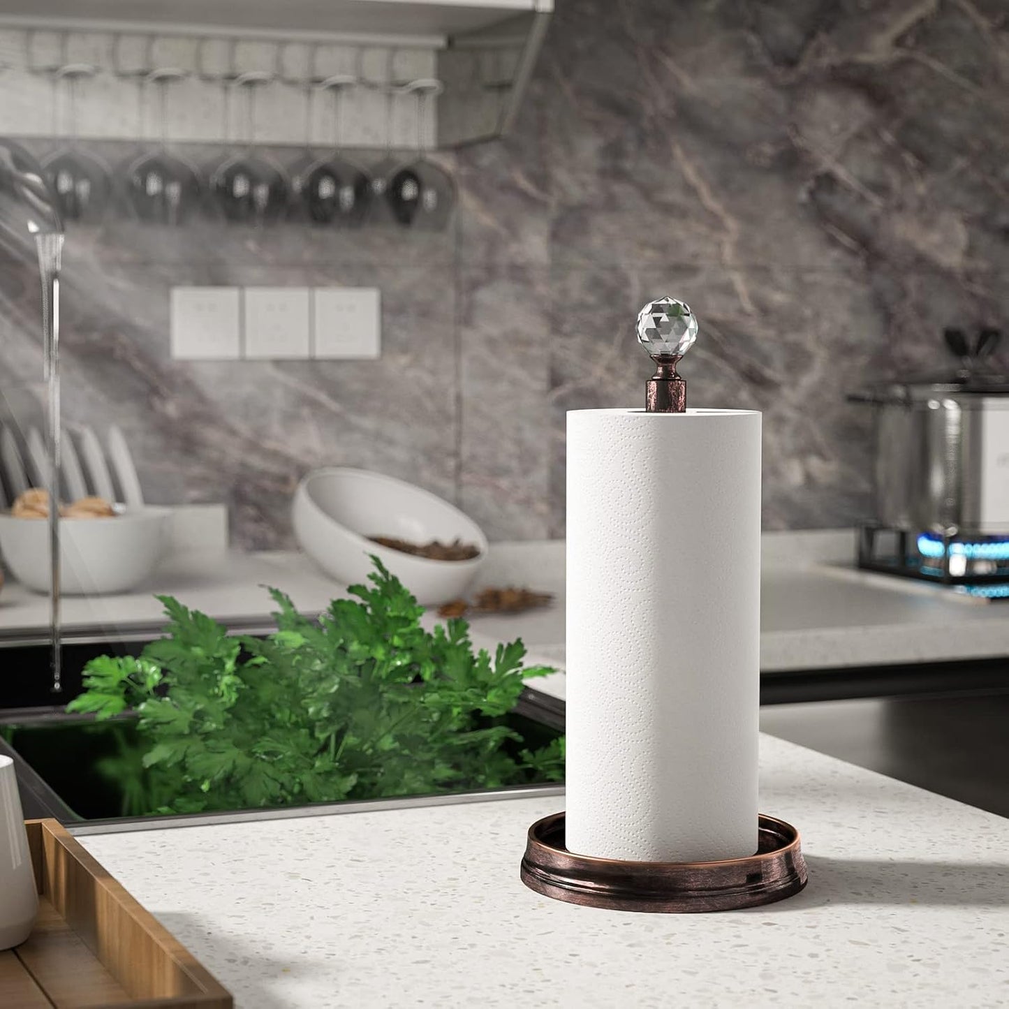 Kasunto Paper Towel Holder (with Crystal Ball) Steel Paper Towel Holder countertop，Paper Towel Holder Stand for Kitchen
