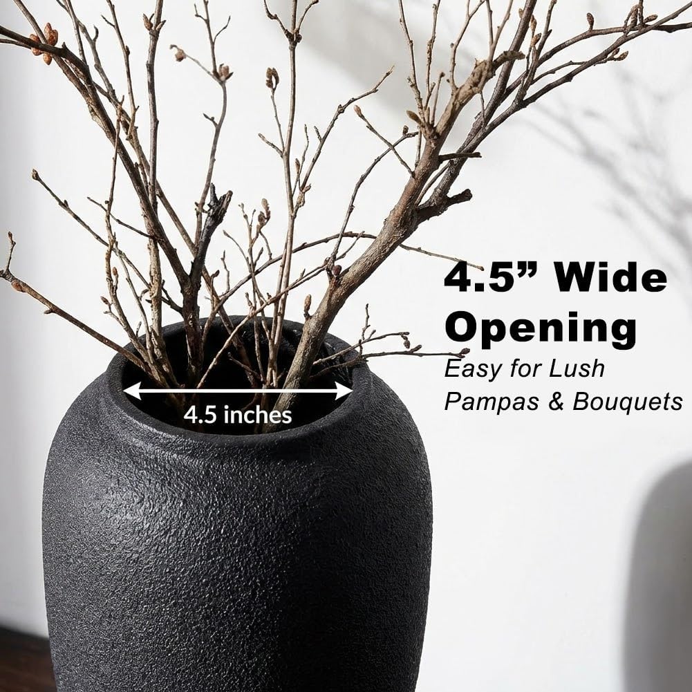 Tall Matte Ceramic Vase / Textured Black / 13.8in
