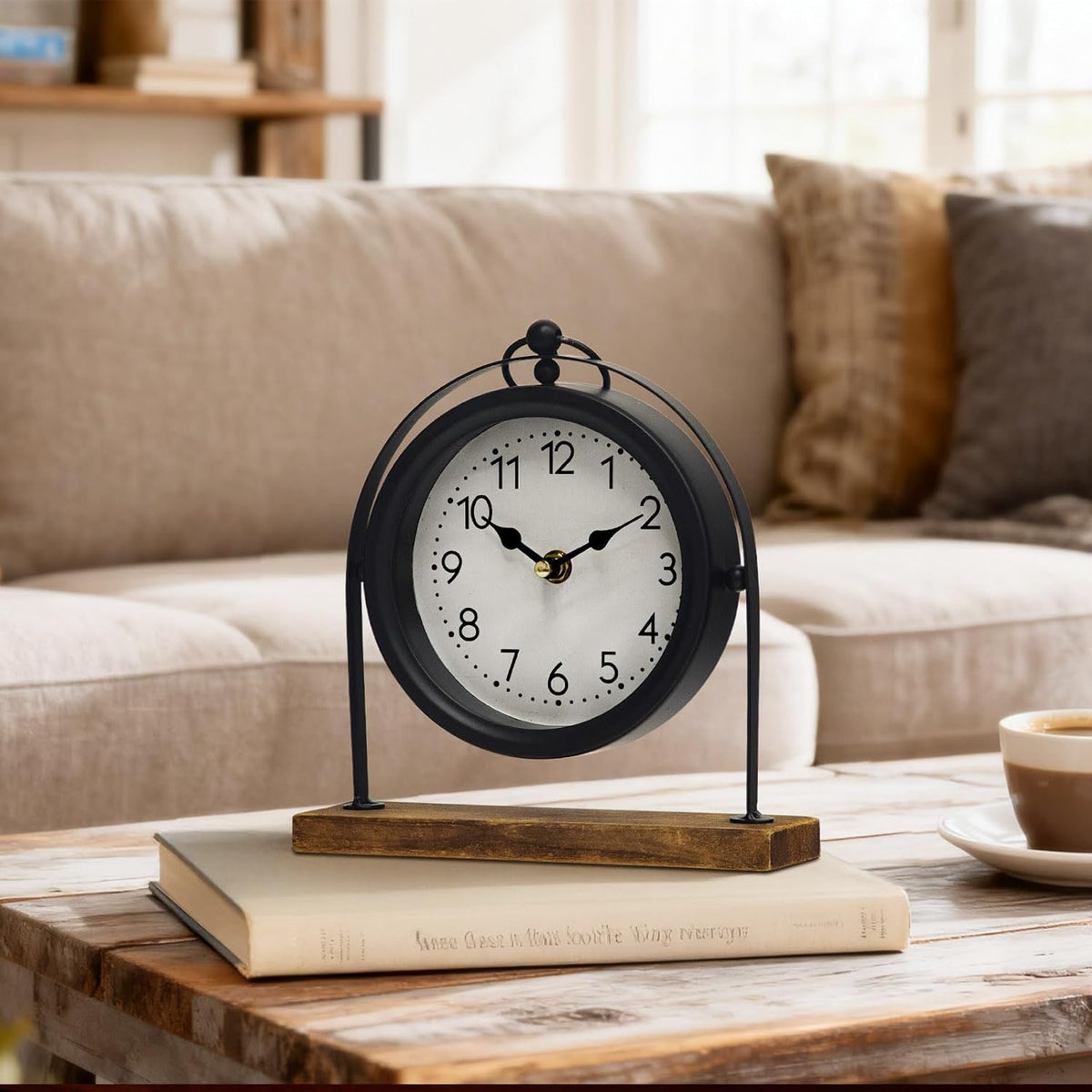 Vintage Small Table Clock, Black Metal Farmhouse Table Clock with Wooden Base, Silent Non-Ticking Battery Operated Desk