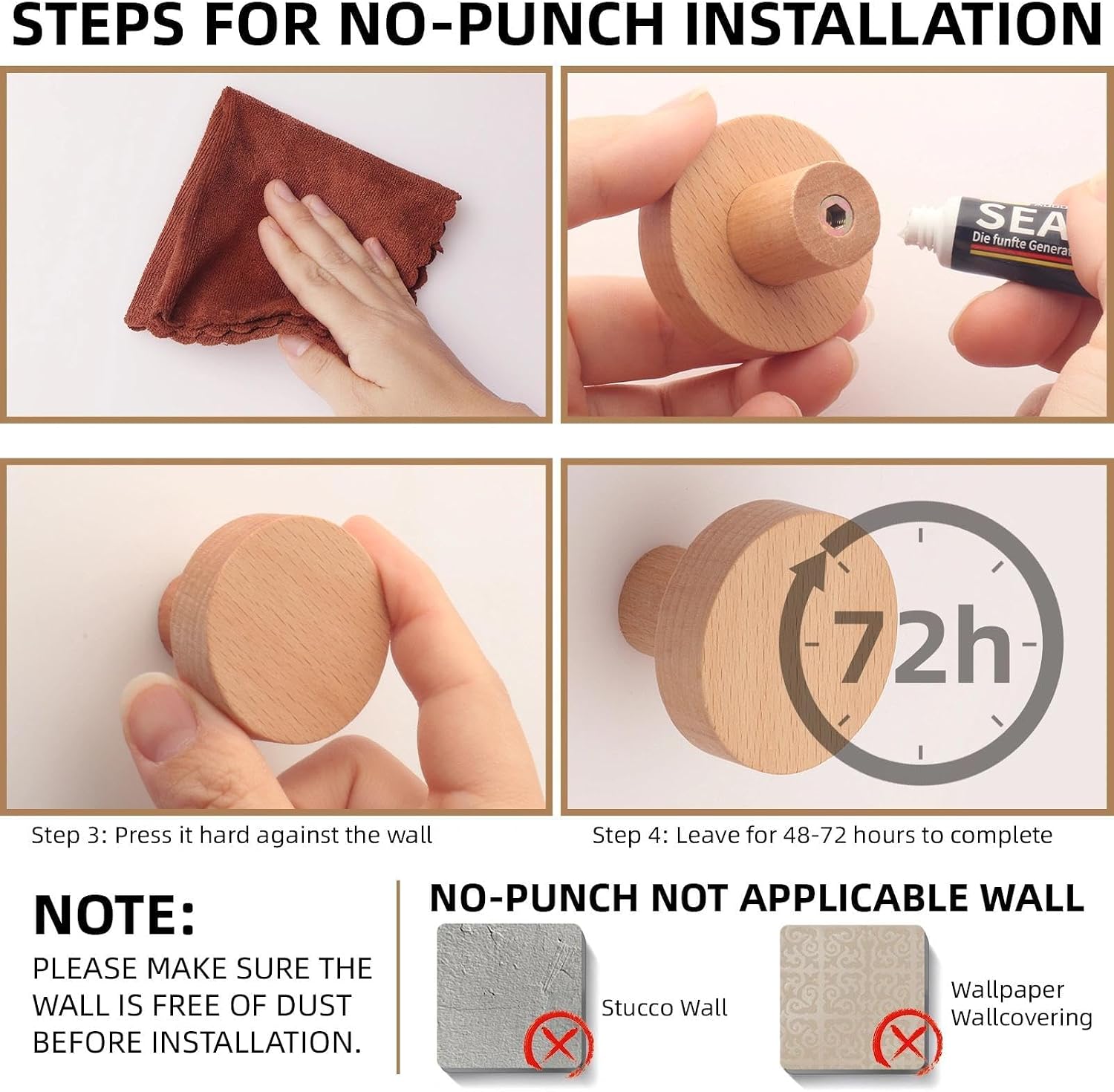 Wood Hooks No Damage Wall Hooks Round Rings Adhesive Hooks Clothes Friendly for Coat Hat / Set of 4