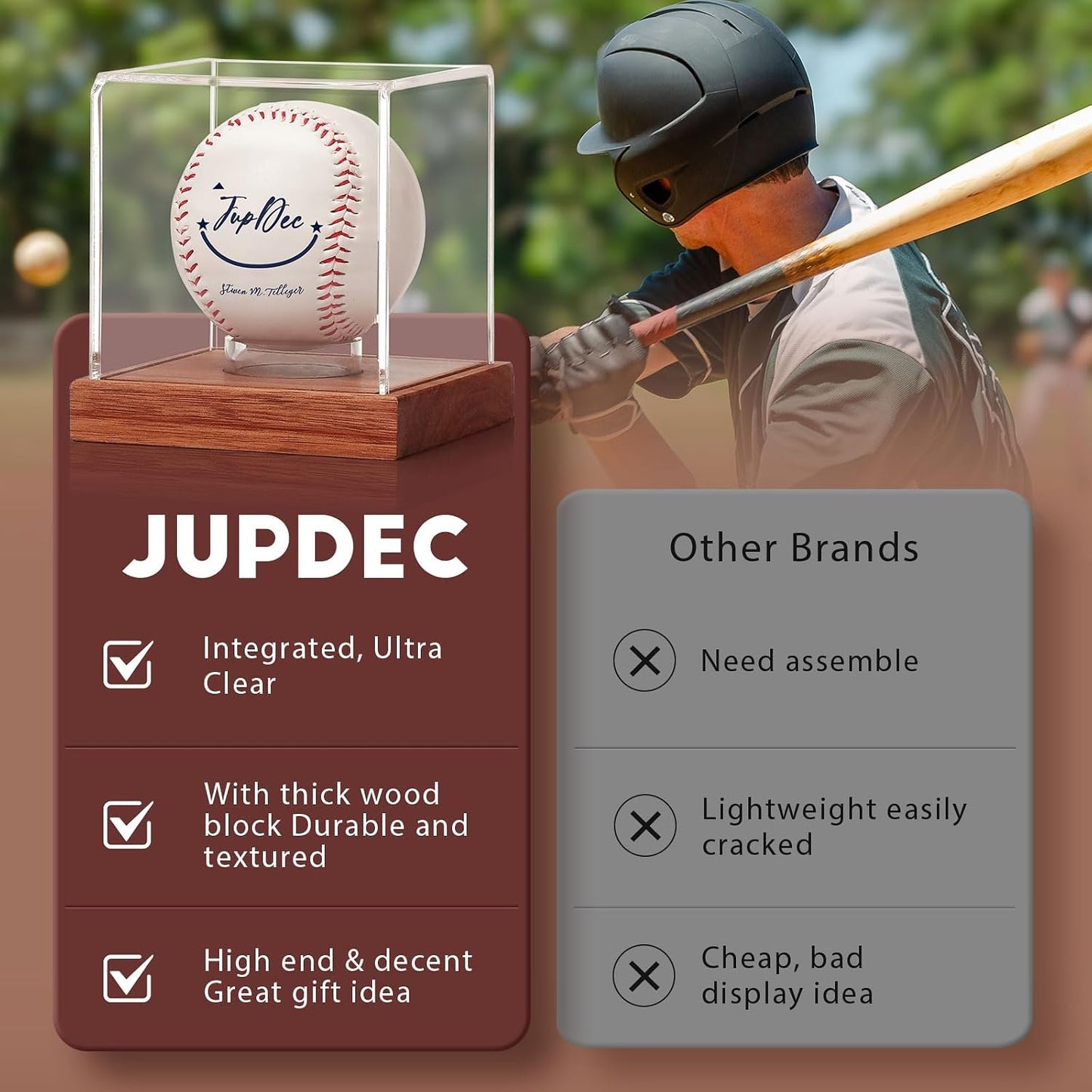 Baseball Display Case, Clear Cube Baseball Holder with Wooden Base, Autograph Baseball Stand Box for Single Ball