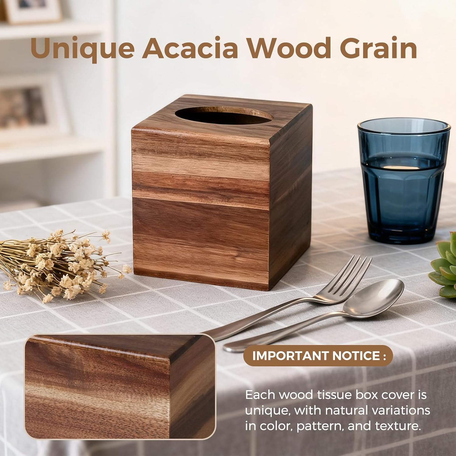Acacia Wood Tissue Box Cover / Natural Acacia