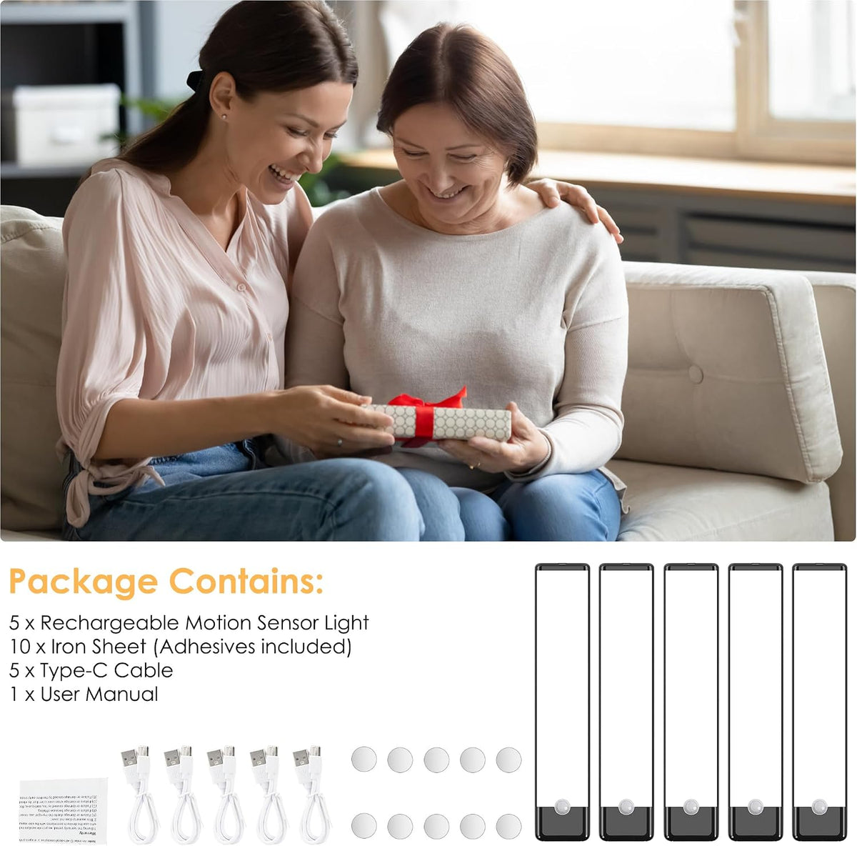 5-Pack Motion Sensor Under Cabinet Light, 3CCT, 7.9 inch, Black | 3 Color Temperature, Dimmable, Rechargeable, Magnetic