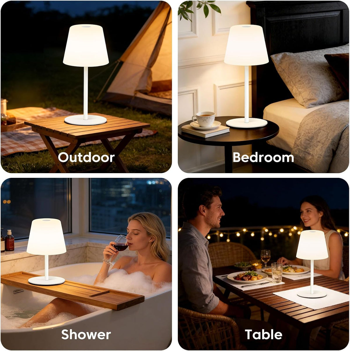 IP65 Shower Lamp Waterproof,Cordless Rechargeable Table Lamp Indoor Outdoor | Bathroom Lamp,4000mAh Battery Operated，3