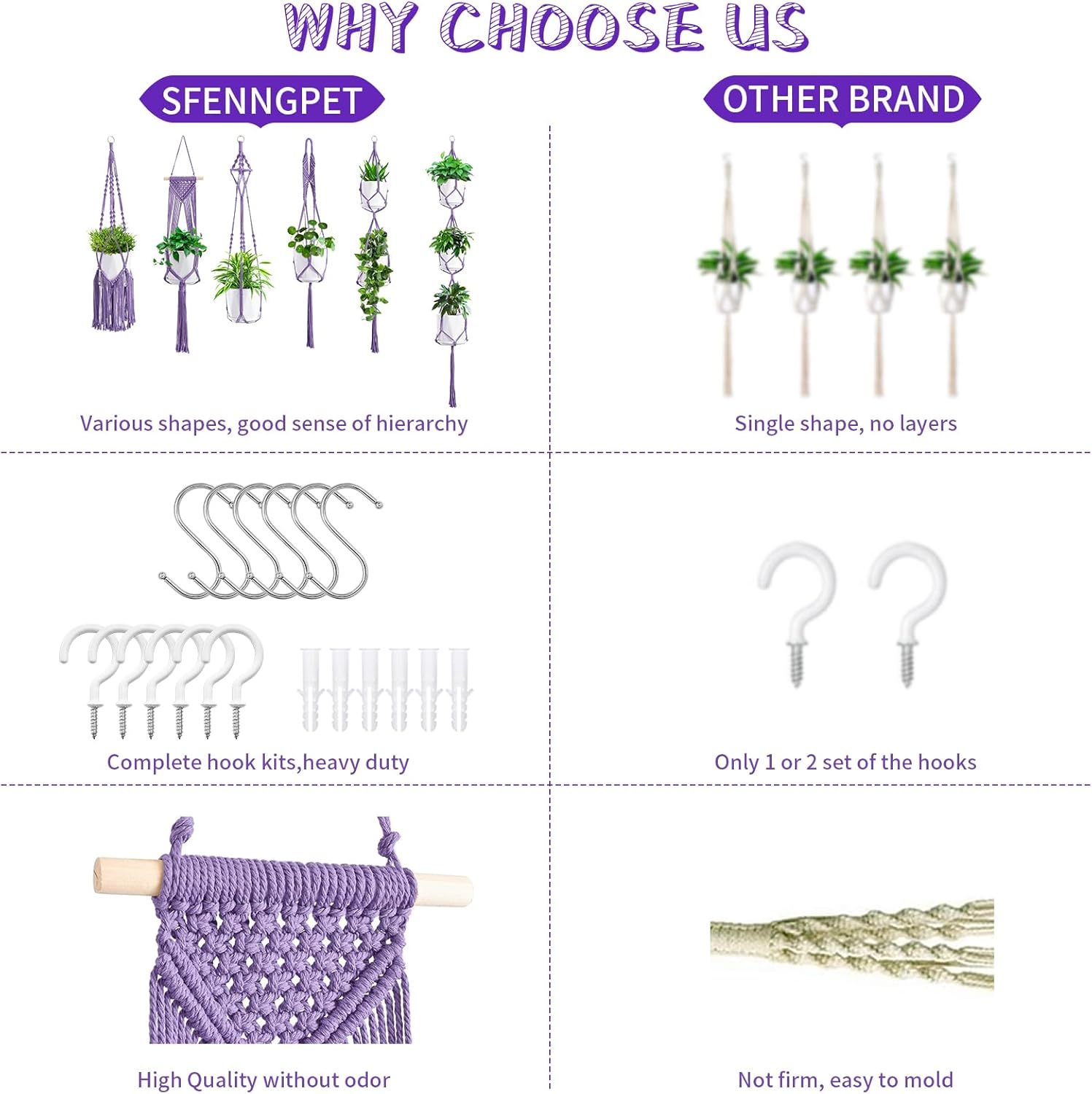 Macrame Plant Hangers / Purple / Set of 6