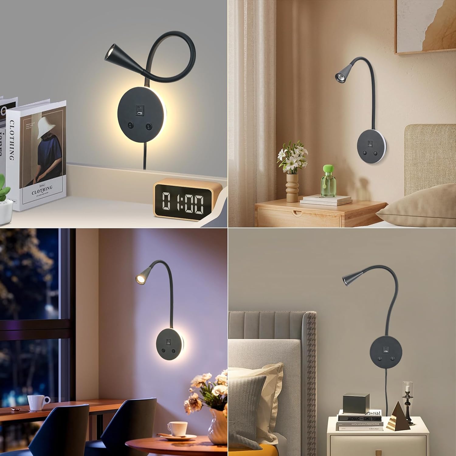 Book Lights for Reading at Night, LED Wall Mounted Reading Light, Flexible Gooseneck Wall Lamps for Bedroom, Plug in