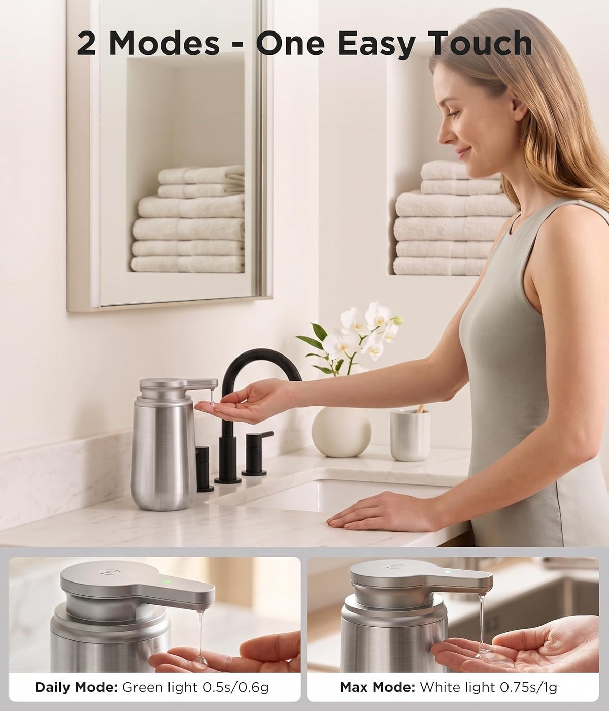Newise Automatic Liquid Soap Dispenser Touchless - 10.5 Oz, Stainless Steel | 2 Adjustable Dispensing Modes