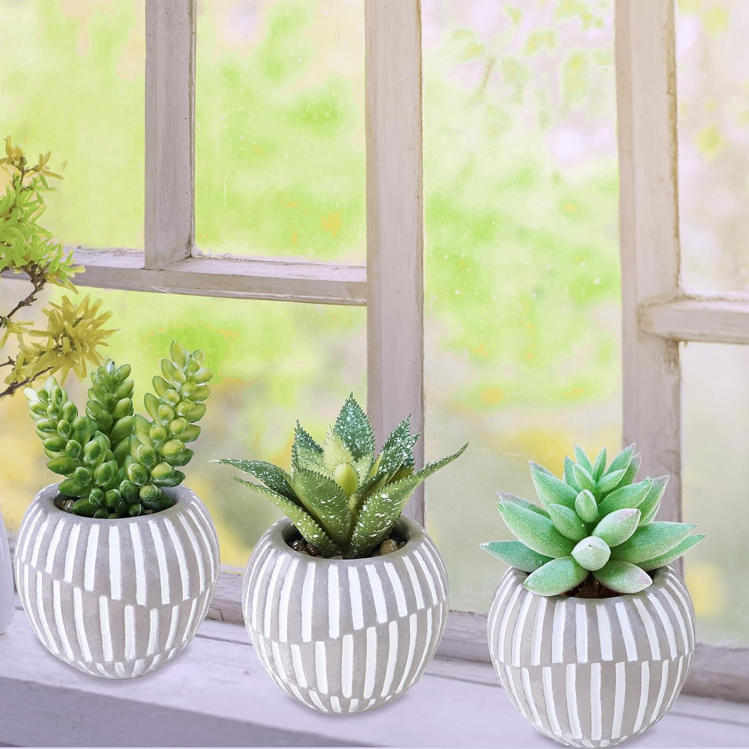 Artificial Succulents Plants in Mini Gray and White Geometric Cement Pots / Gray Pots / Set of 3