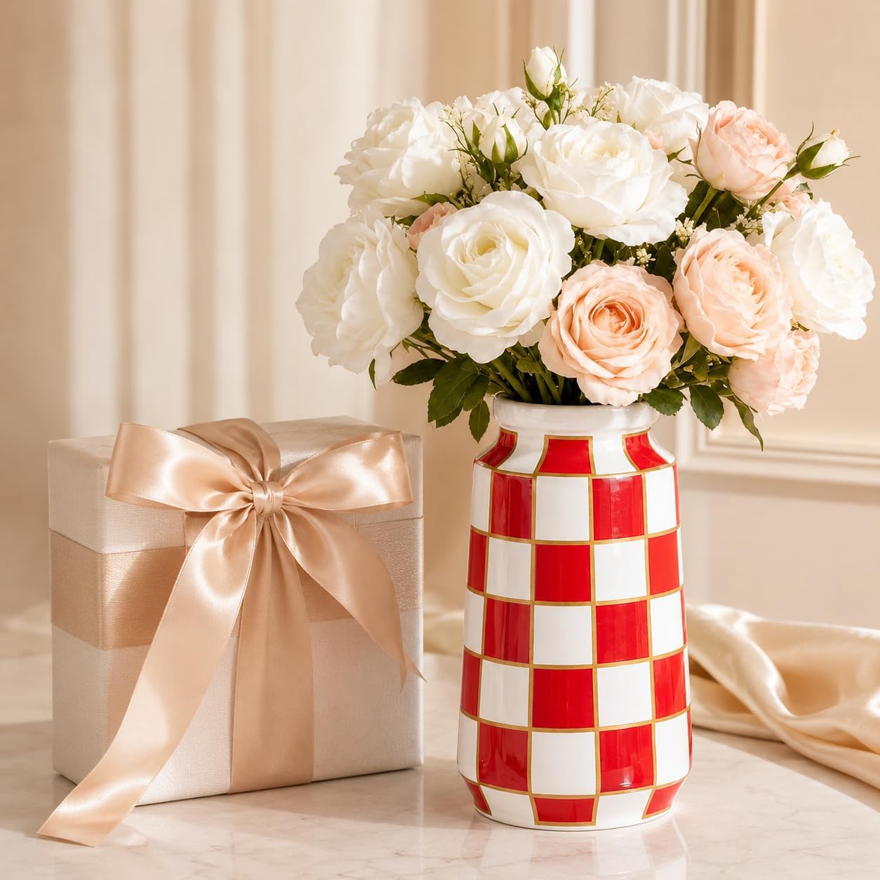Black and White Ceramic Vase / Red