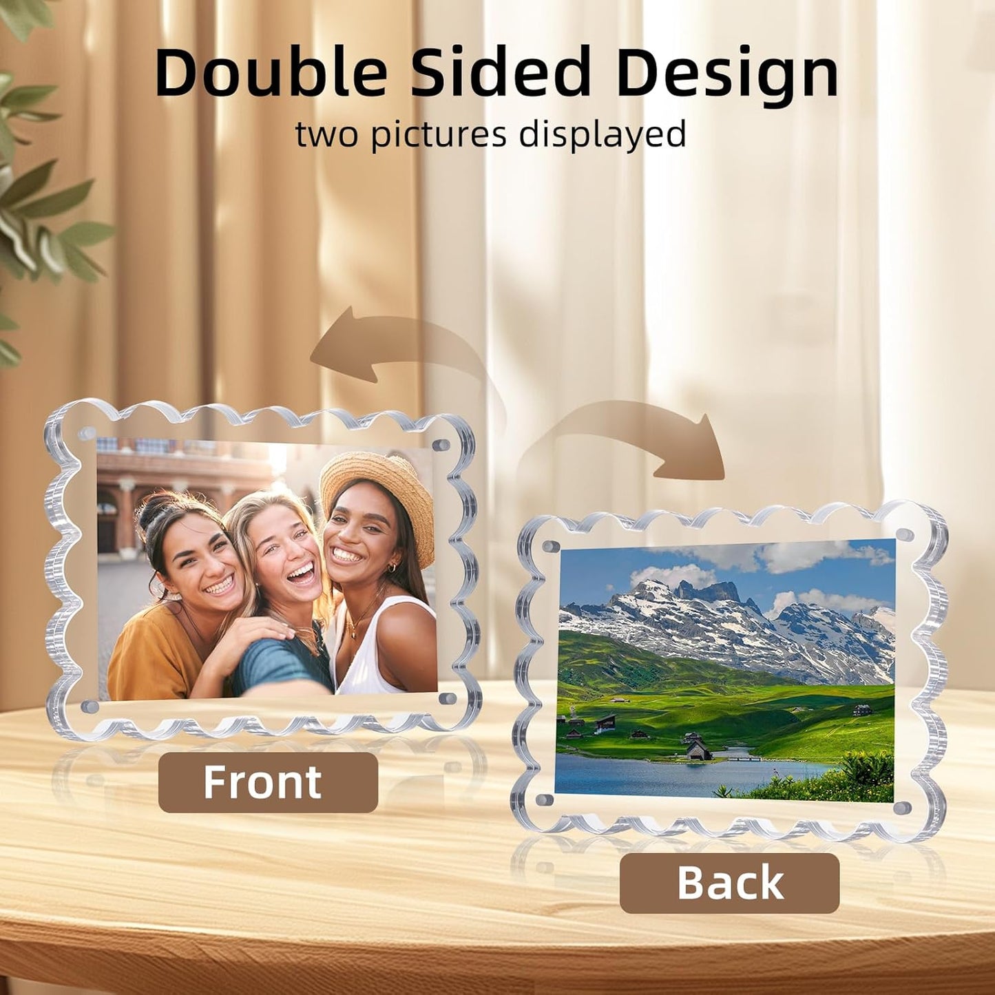 Chivalral 3 Pack 4x6 Acrylic Picture Frame, Double-Sided Tabletop Display | Scalloped Edge Design,10+10mmThick,Magnetic