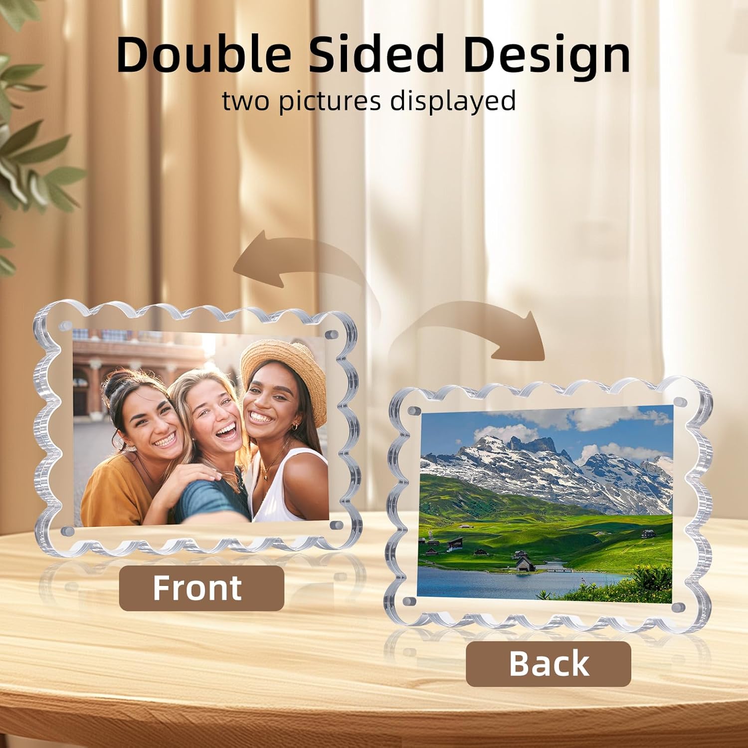 Chivalral 3 Pack 4x6 Acrylic Picture Frame, Double-Sided Tabletop Display | Scalloped Edge Design,10+10mmThick,Magnetic