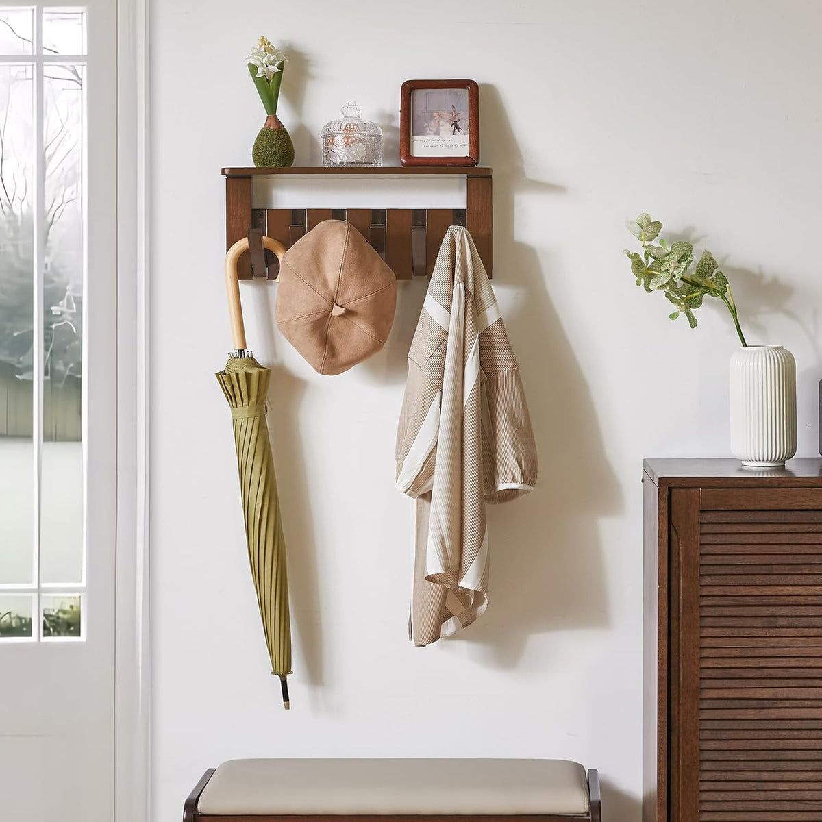 Piano Key Coat Rack Wall Mount with Shelf and 12 Hooks, Walnut HWS008H-2 | Solid Wood Wall Mounted Coat Rack with