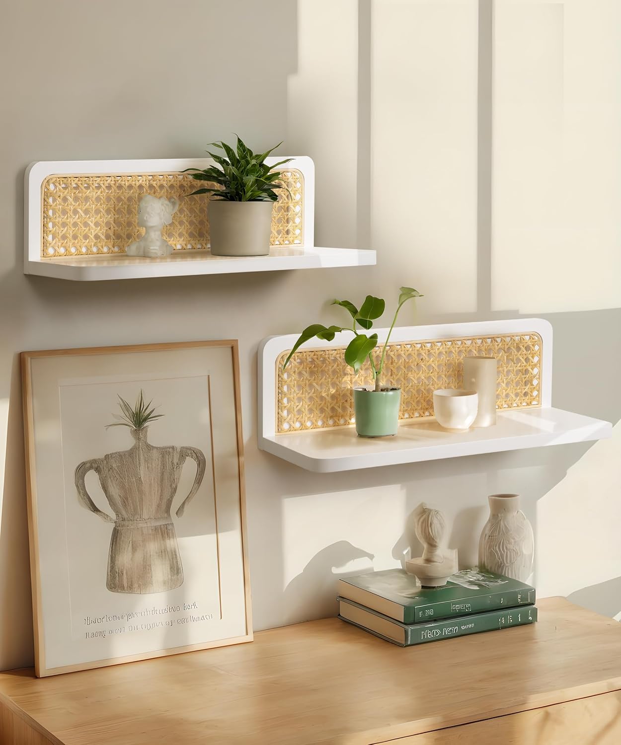 Rattan Floating Shelves / White / 5.9 x 15.75 x 5.1