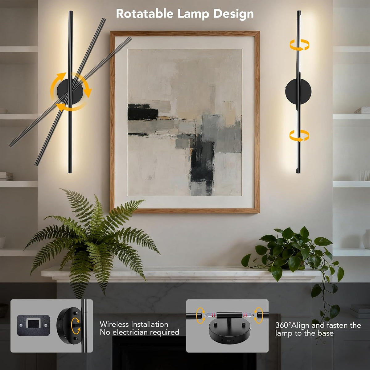 TONYFUL Battery Operated Wall Sconce Set of 2, Wall Light for Home, Black | Rechargeable, 6000mAh Dimmable Bulbs