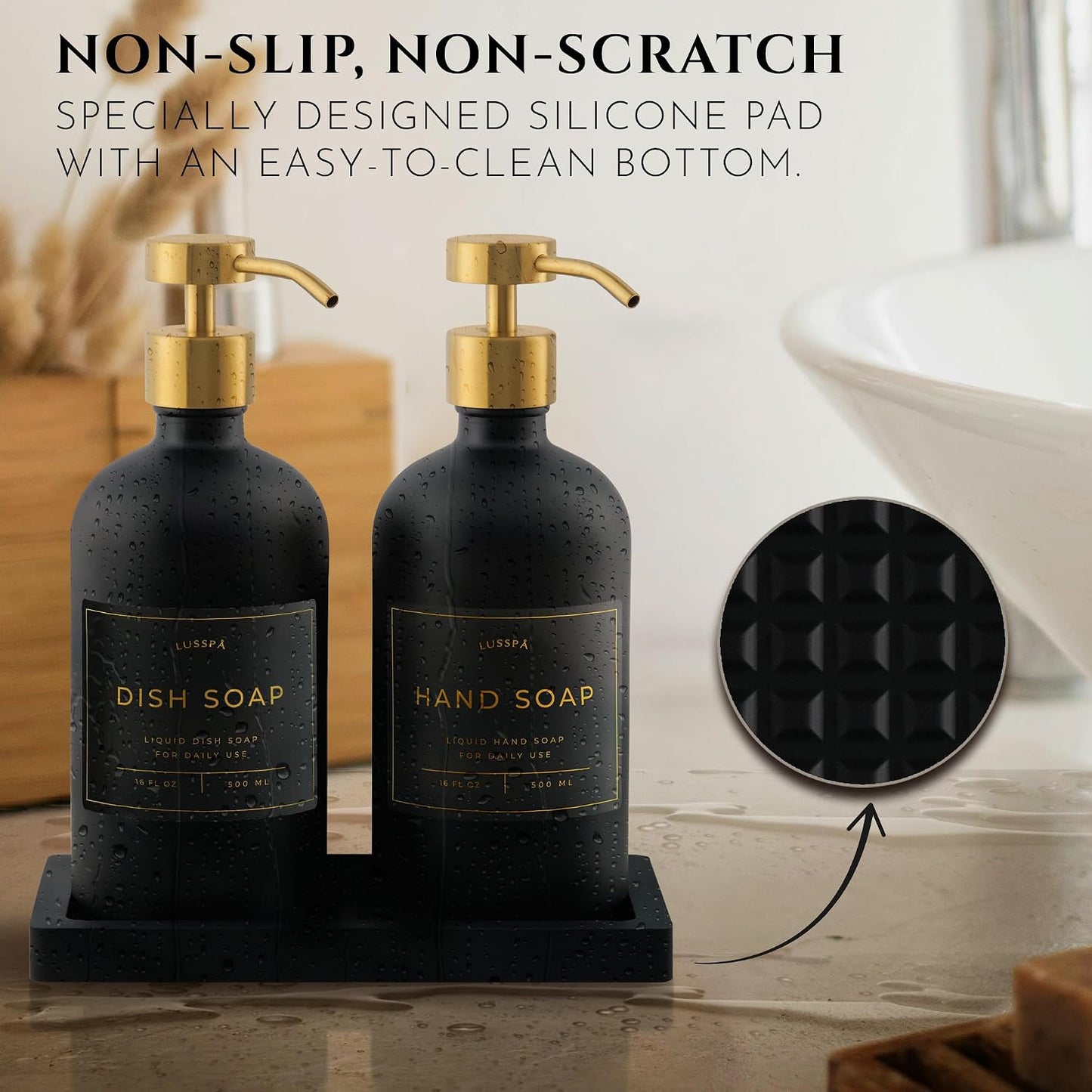 Glass Soap Dispenser Set of 2 (Black) with Silicone Tray | Hand and Dish Soap Dispenser for Kitchen and Bathroom | 16.8